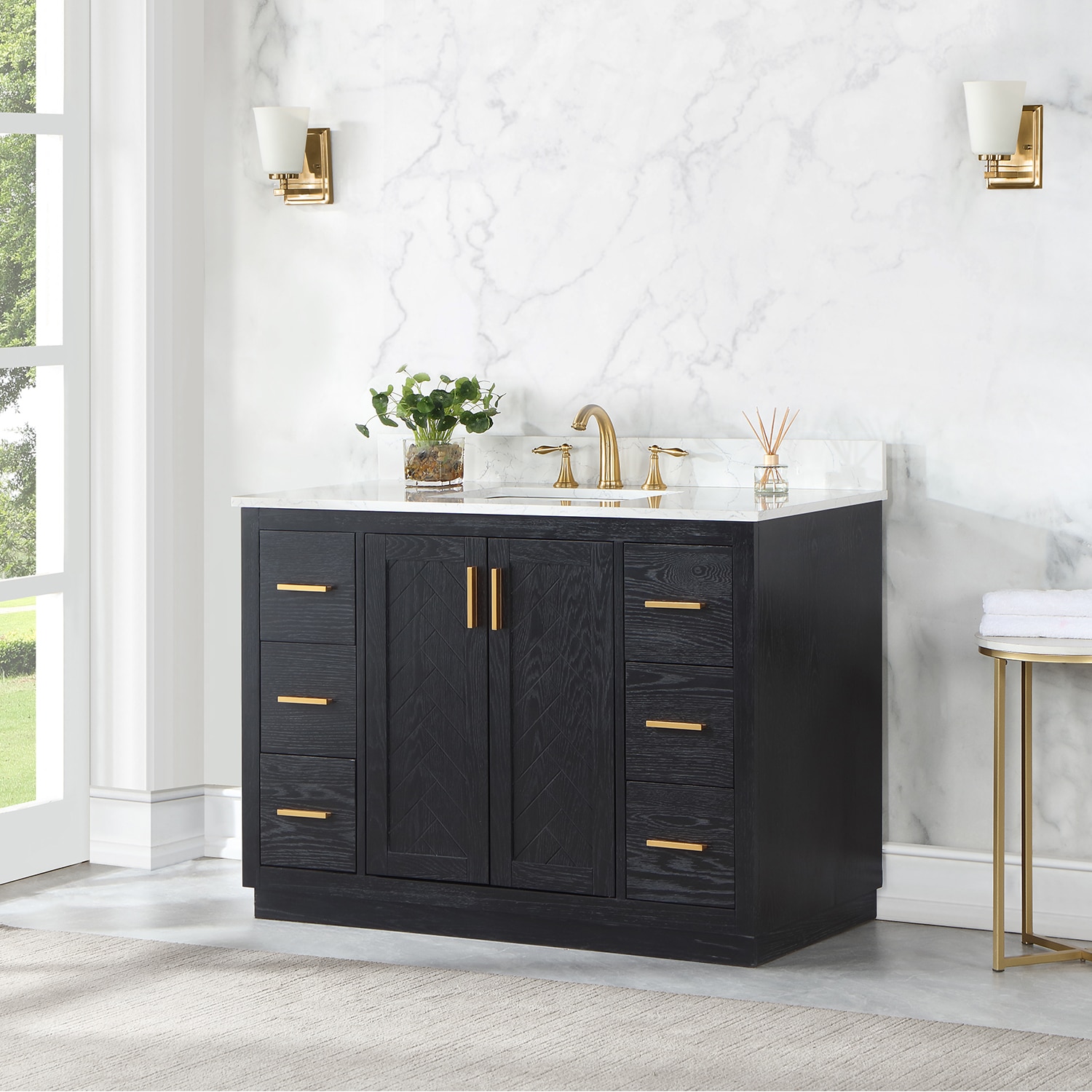Gazsi 48" Black Oak Vanity with White Stone Top