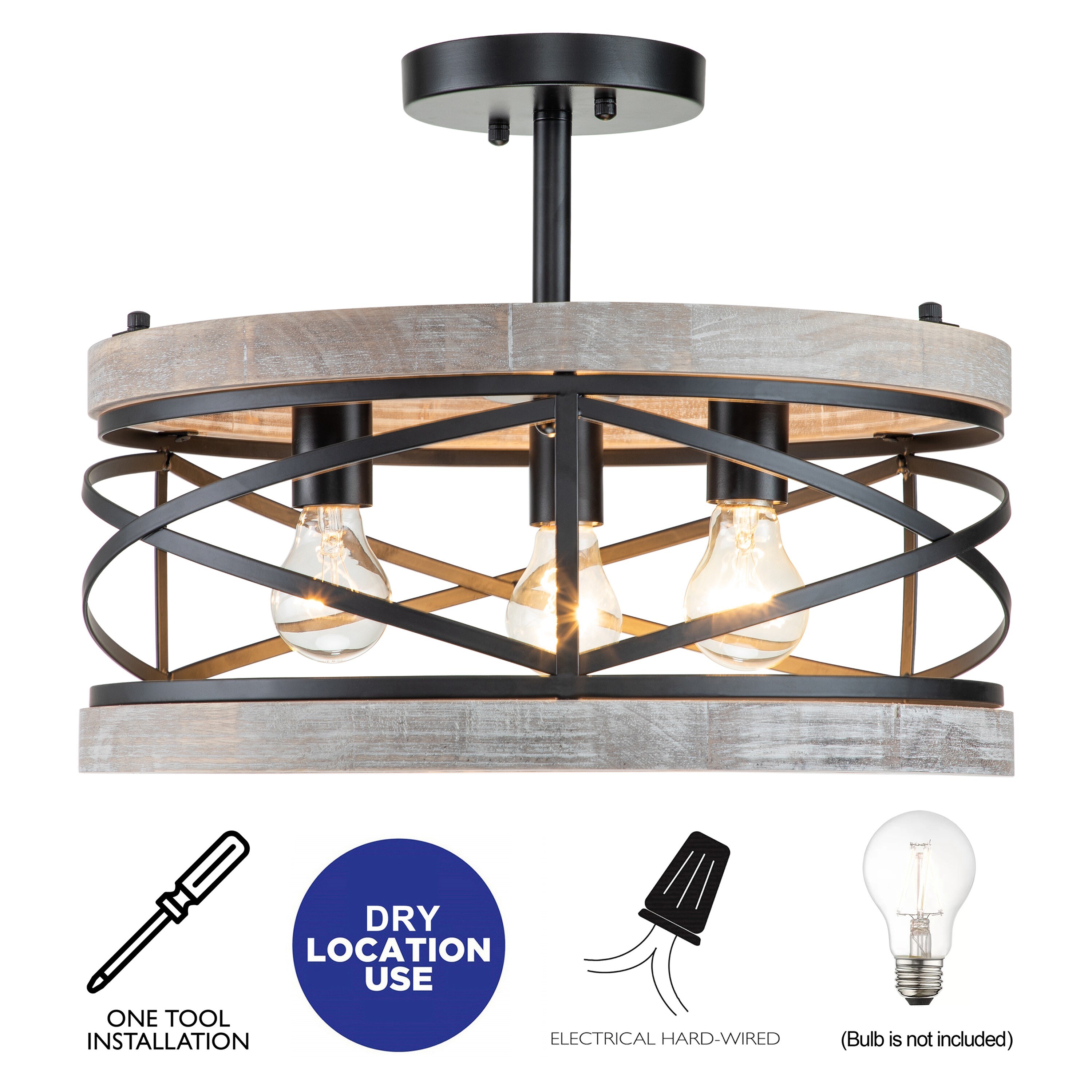 Black and Gray Wood Drum Farmhouse Semi-Flush Mount Ceiling Light