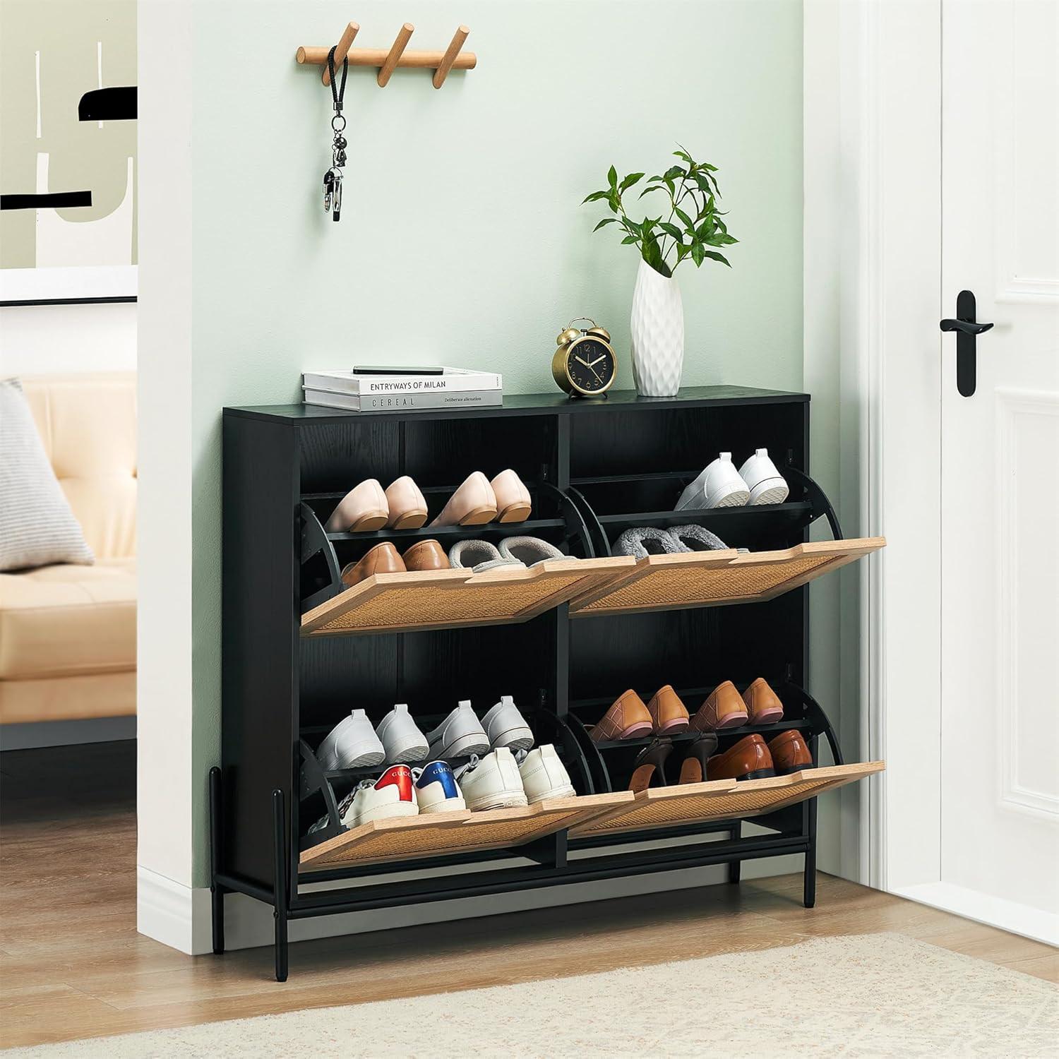 Garvee Natural Rattan Shoe Cabinet with 4 Flip Drawers  Entryway Hallway Free Standing Shoe Racks  Hidden Shoe Cabinet with Metal Legs for Heels  Boots  Slippers  Sneakers Black