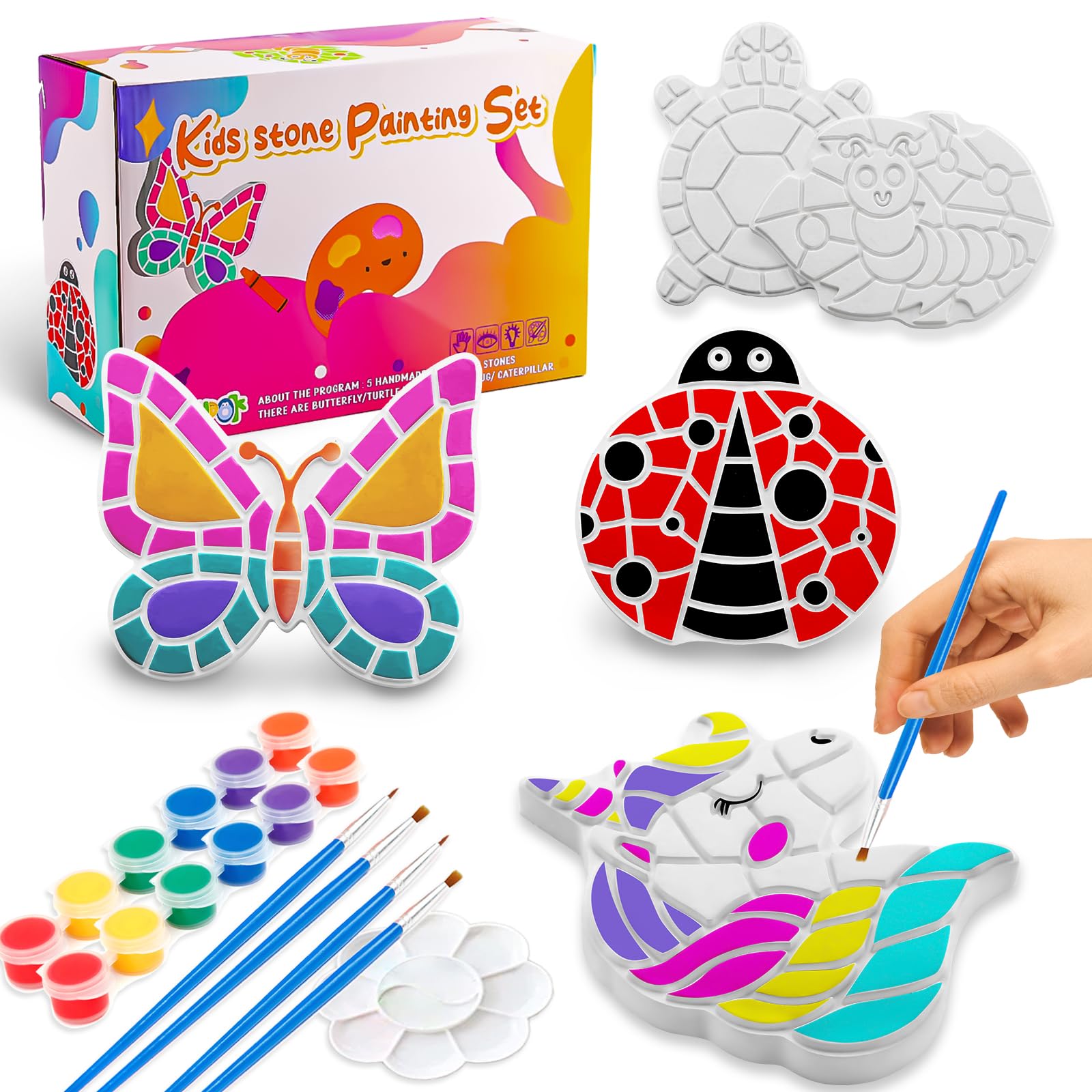 Justincity  Stepping Stones Painting Kit for Kids Ages Four to Twelve Five Pack Paint Your Own Garden Stones with Butterfly Unicorn and Ladybug