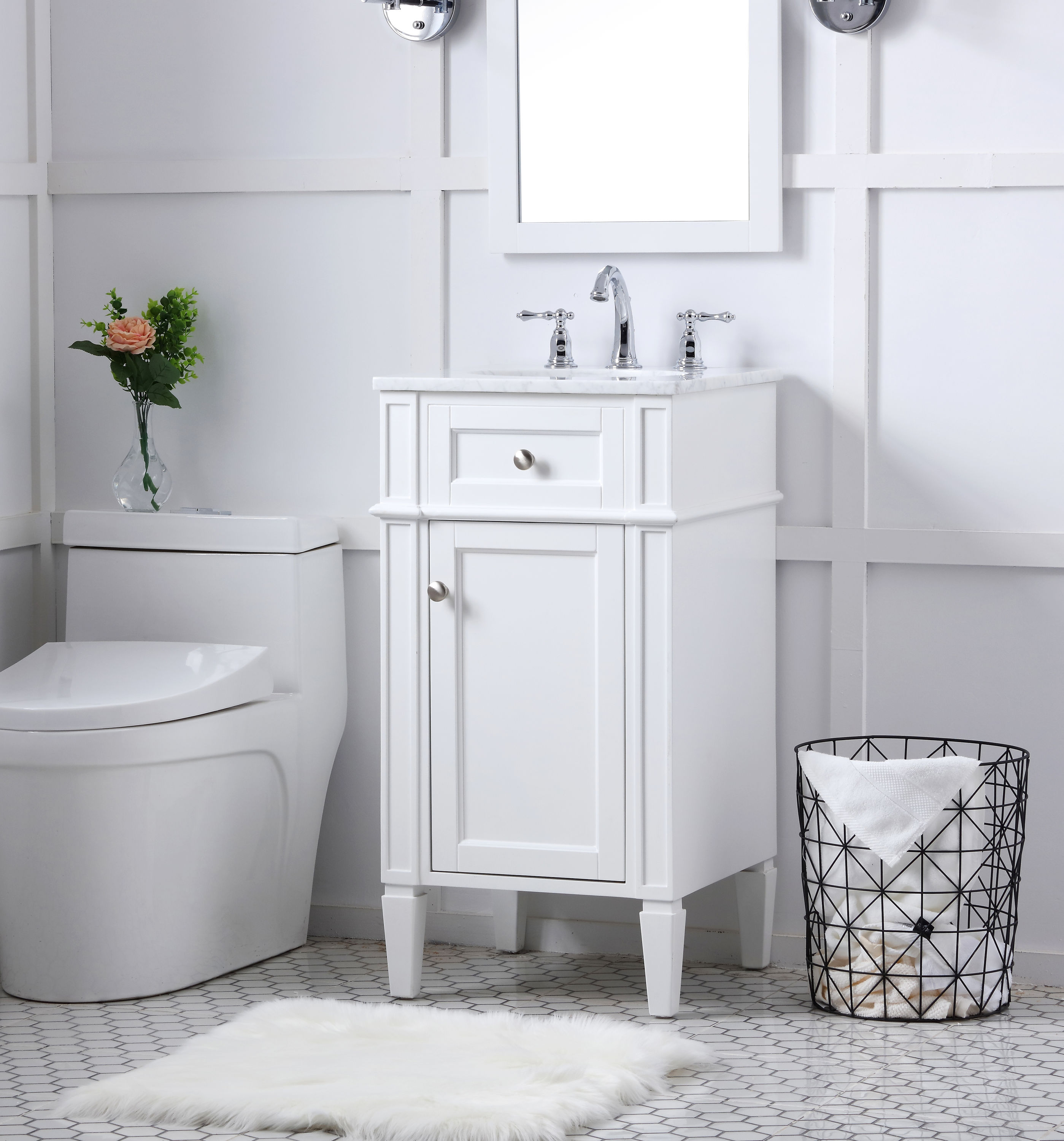 White Carrara Marble Single Sink Vanity with Storage Cabinet