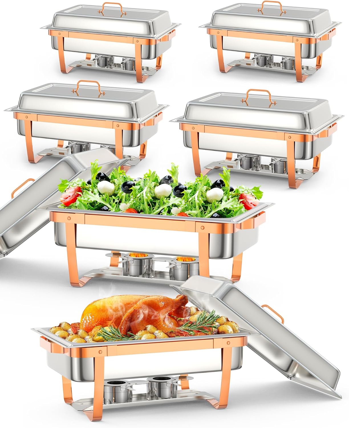 Garvee GGL-PHO-16OLPVXK Chafing Dish for Buffet Set 6 Packs 8 Qt Chafers and Buffet Warmers Sets With Folding Frame for Weddings Parties Banquets Catering Events Rose Gold