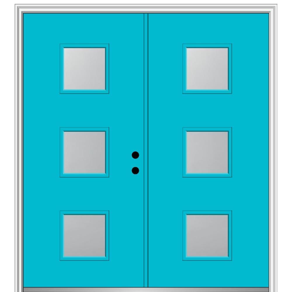 MMI DOOR ZZ350089L Spotlights 72-in x 80-in x 6-9/16-in Fiberglass Pulse lite Left-hand inswing Bahama Blue Painted Prehung Double Front Door with Brickmould Insulating core