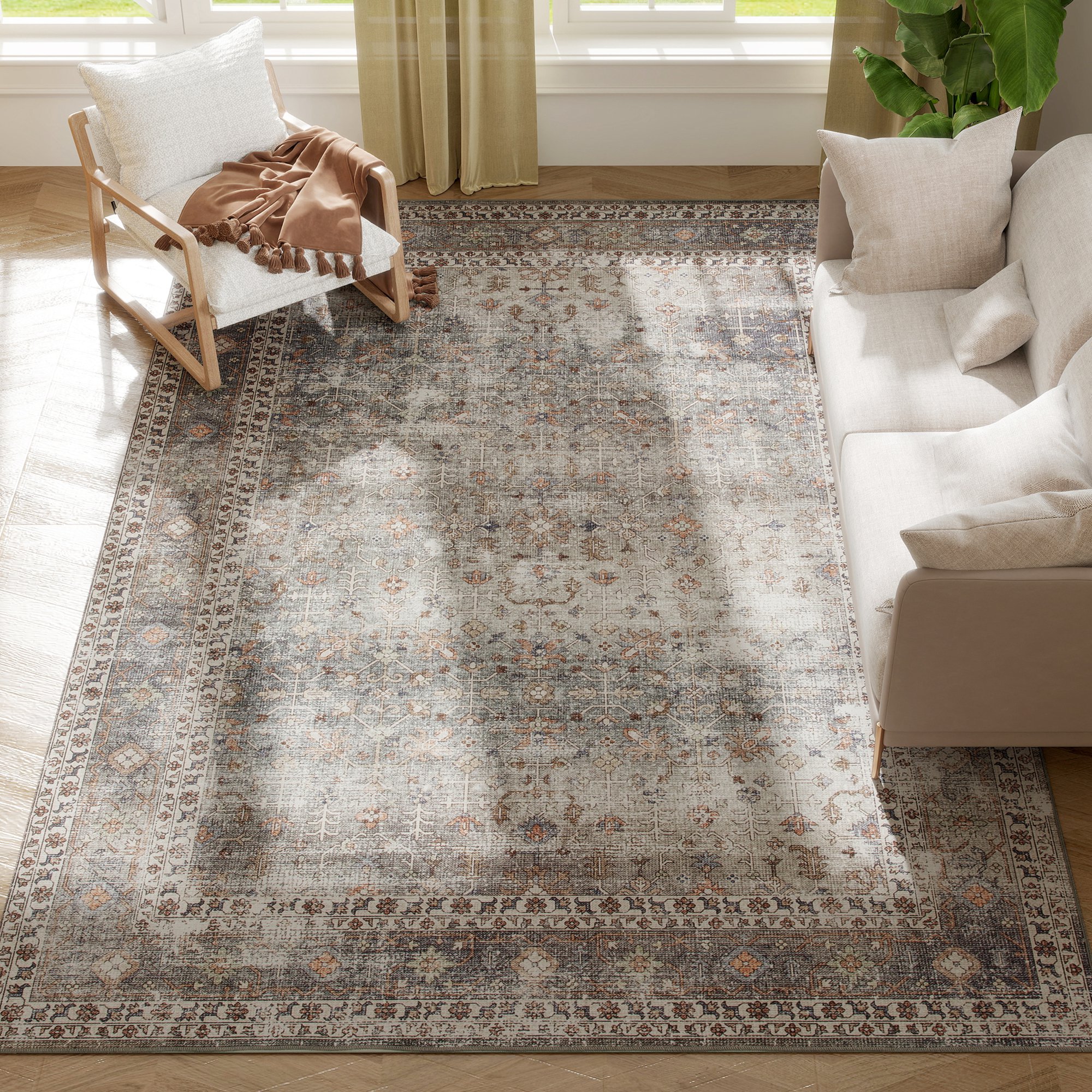 Tinyhomie Machine Washable Area Rug 8x10 Non Slip Traditional Floor Cover Foldable Carpet for Living Room Dark Mixed Brown