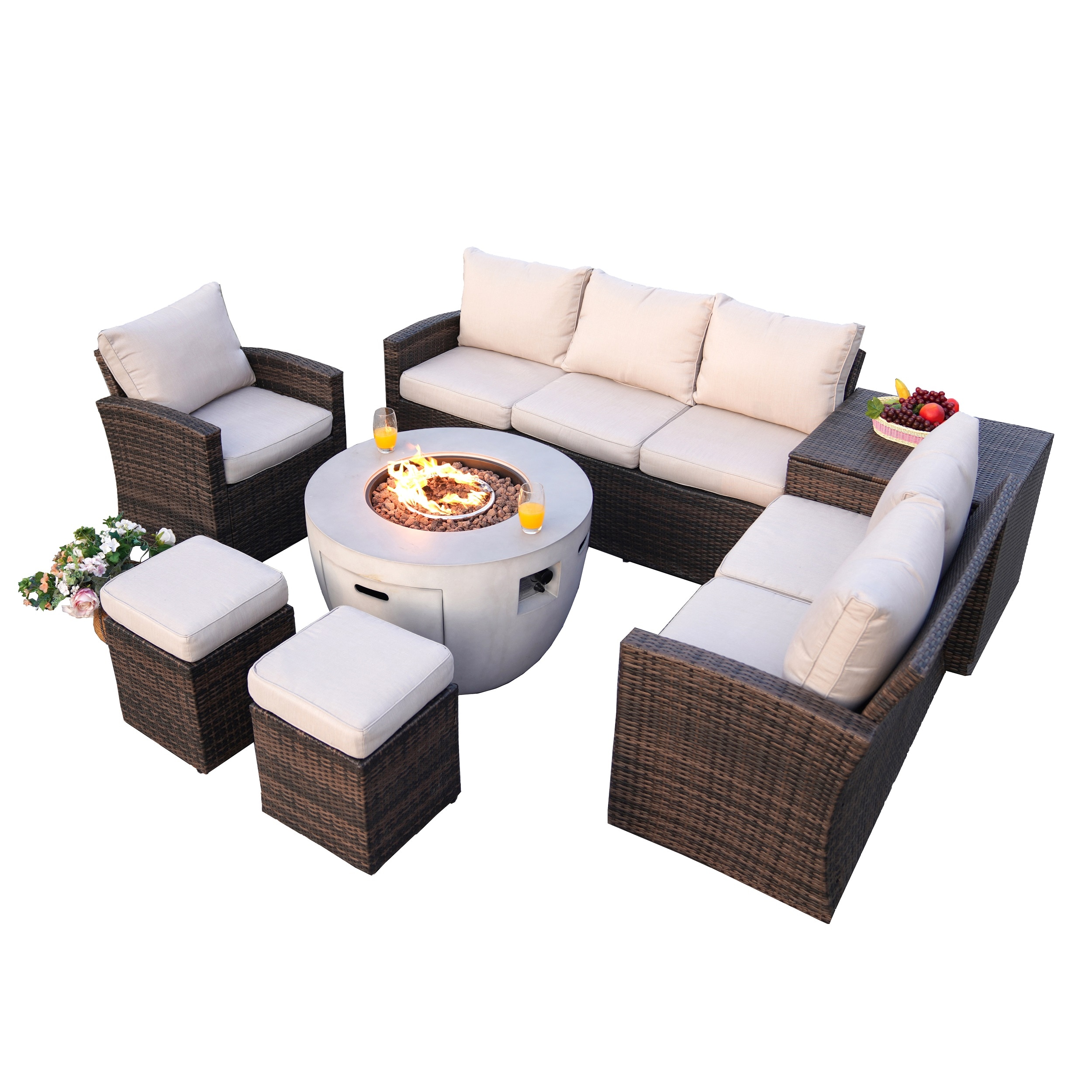 Moda Furnishings MAG-1403B-2160-B Ryan 7 -Piece Wicker Patio Sofa Conversation Set with Tan Cushions