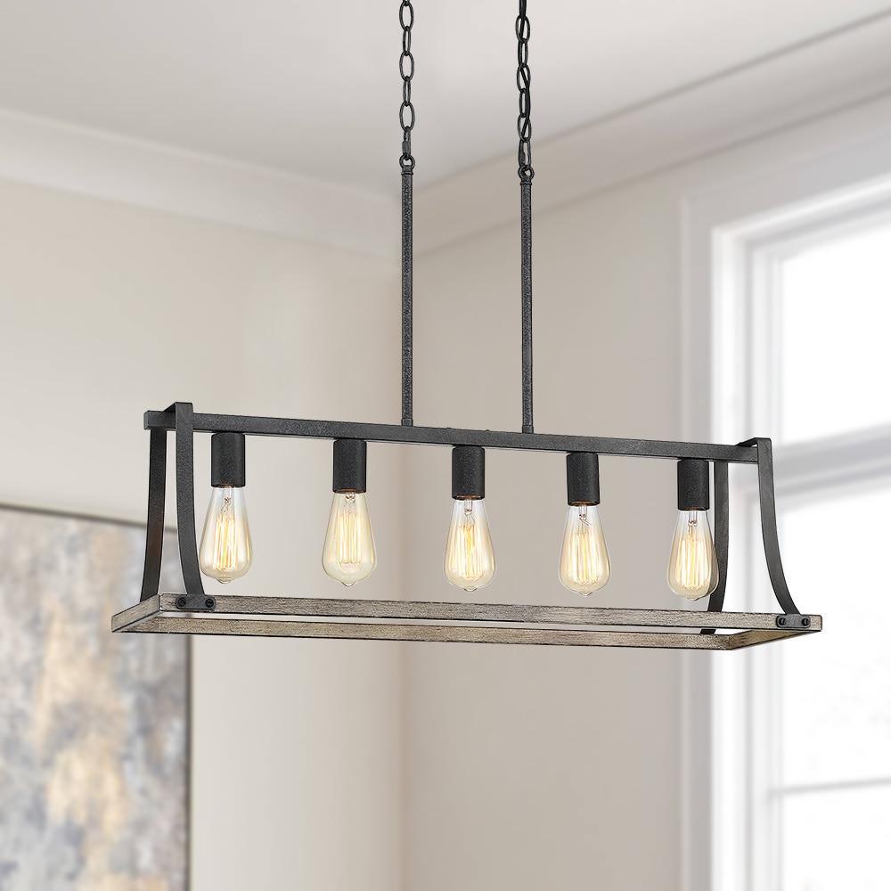True Fine Wagonette 5-Light Black and Weathered Faux Wood Farmhouse Dry ...