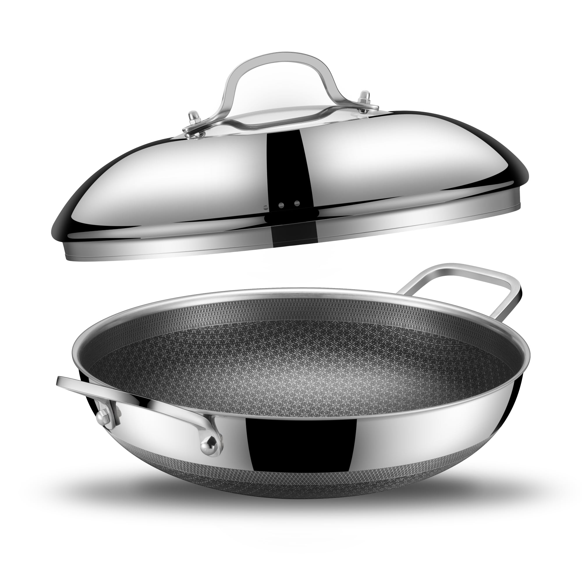 Aoibox  13 in Nonstick Stainless Steel Wok with Lid and Double Handles Tri Ply Induction Dishwasher and Oven
