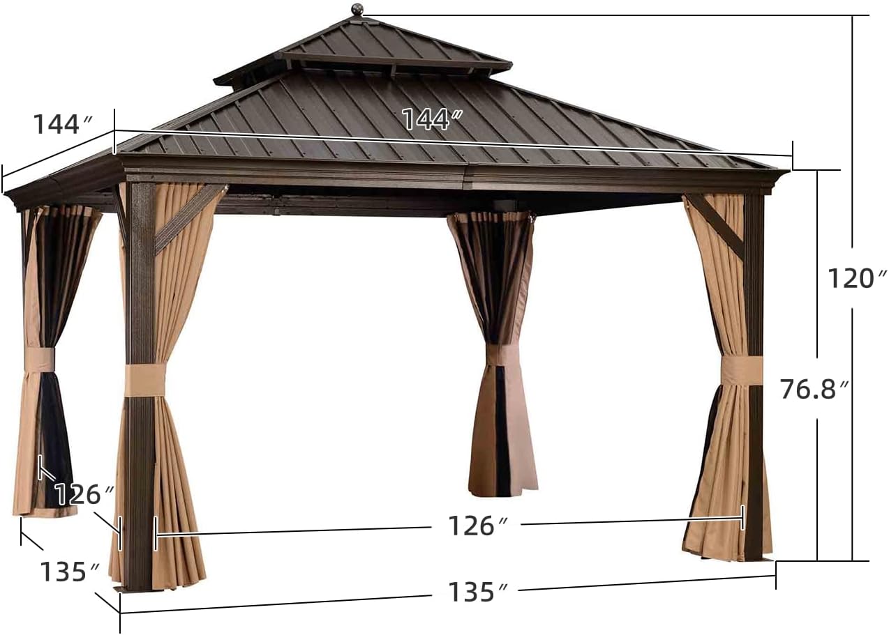 PURPLE LEAF 12-ft x 12-ft Gazebo Square Khaki(W/Balls) Metal Steel Roof ...