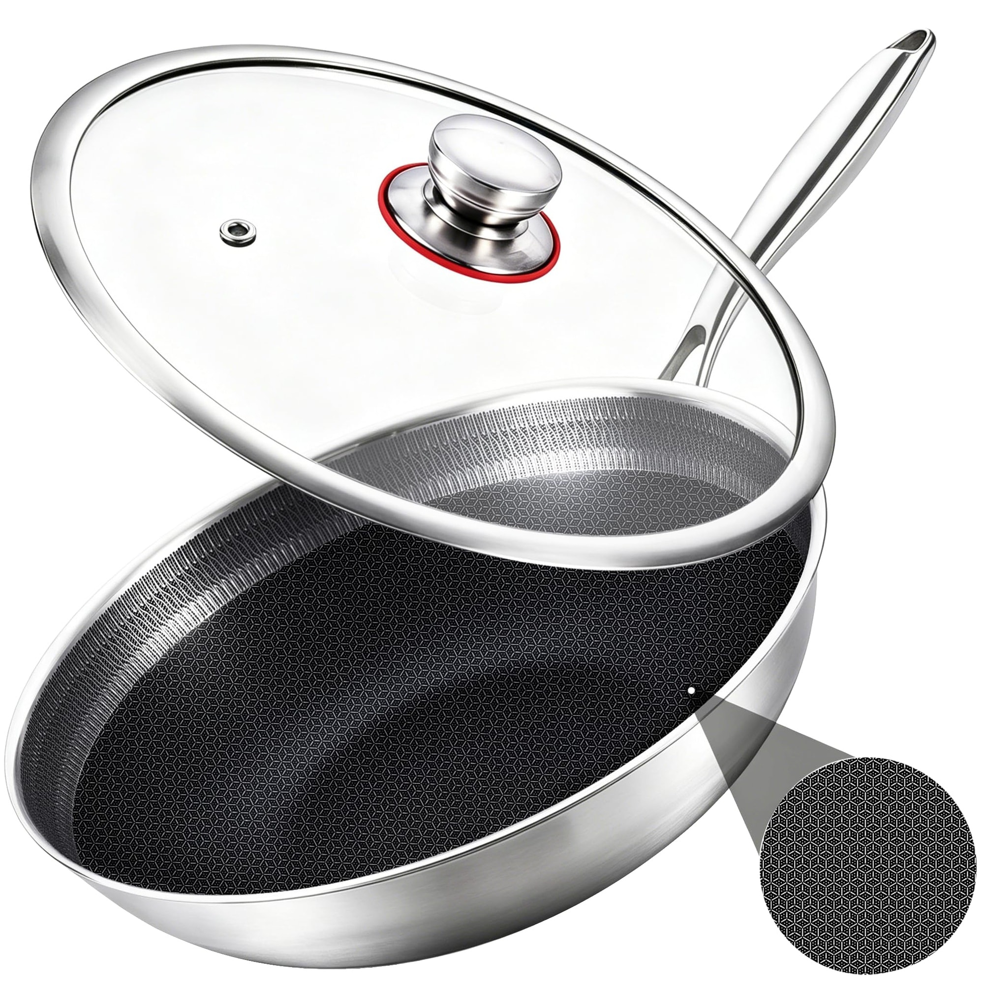 Aoibox  12 in Honeycomb Stainless Steel Ceramic Nonstick Wok with Lid Flat Bottom Induction Ready Oven Safe