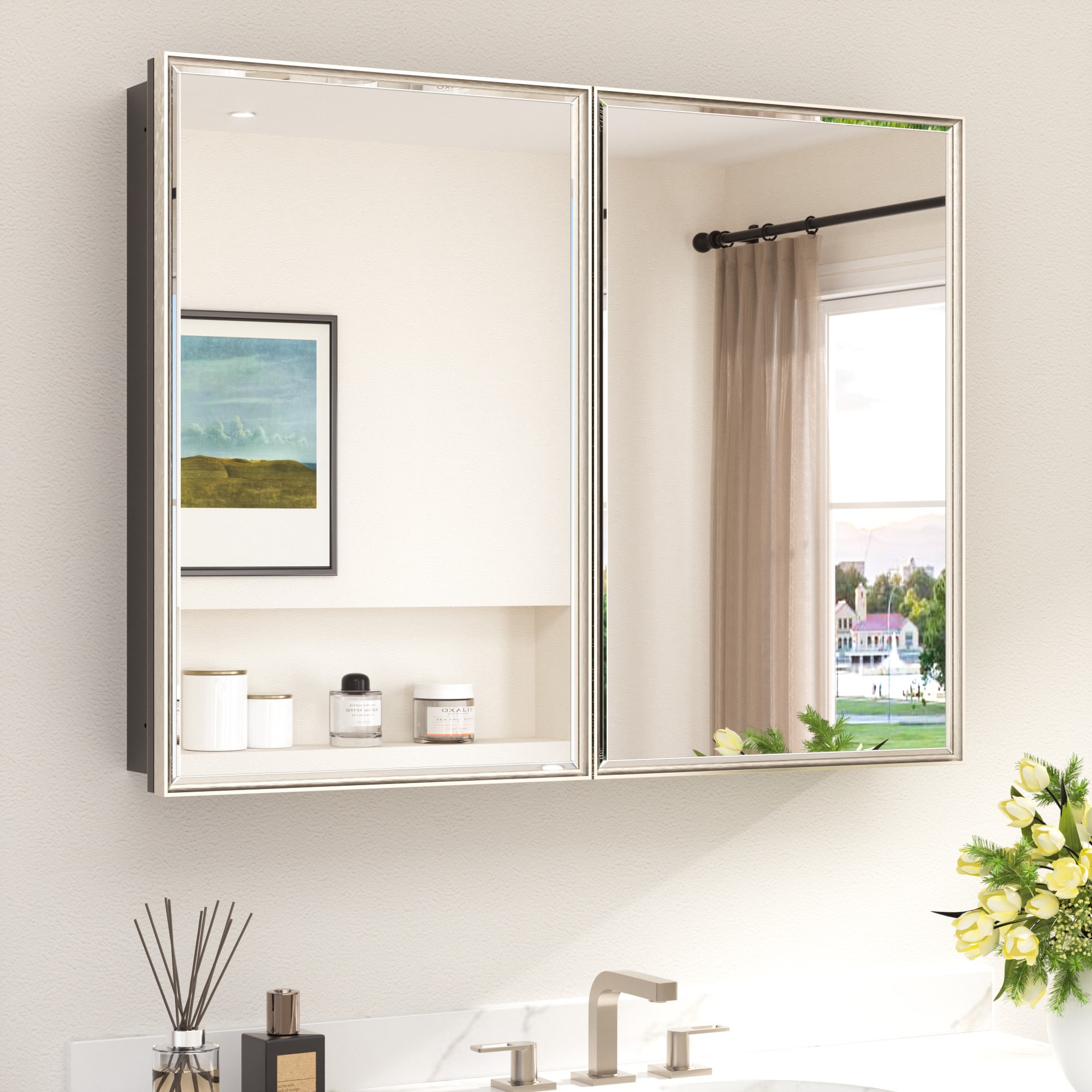 TETOTE 40x30 Brushed Nickel Medicine Cabinets Mirrors Surface/Recessed Mount Mirrored Rectangle Soft Close Medicine Cabinets