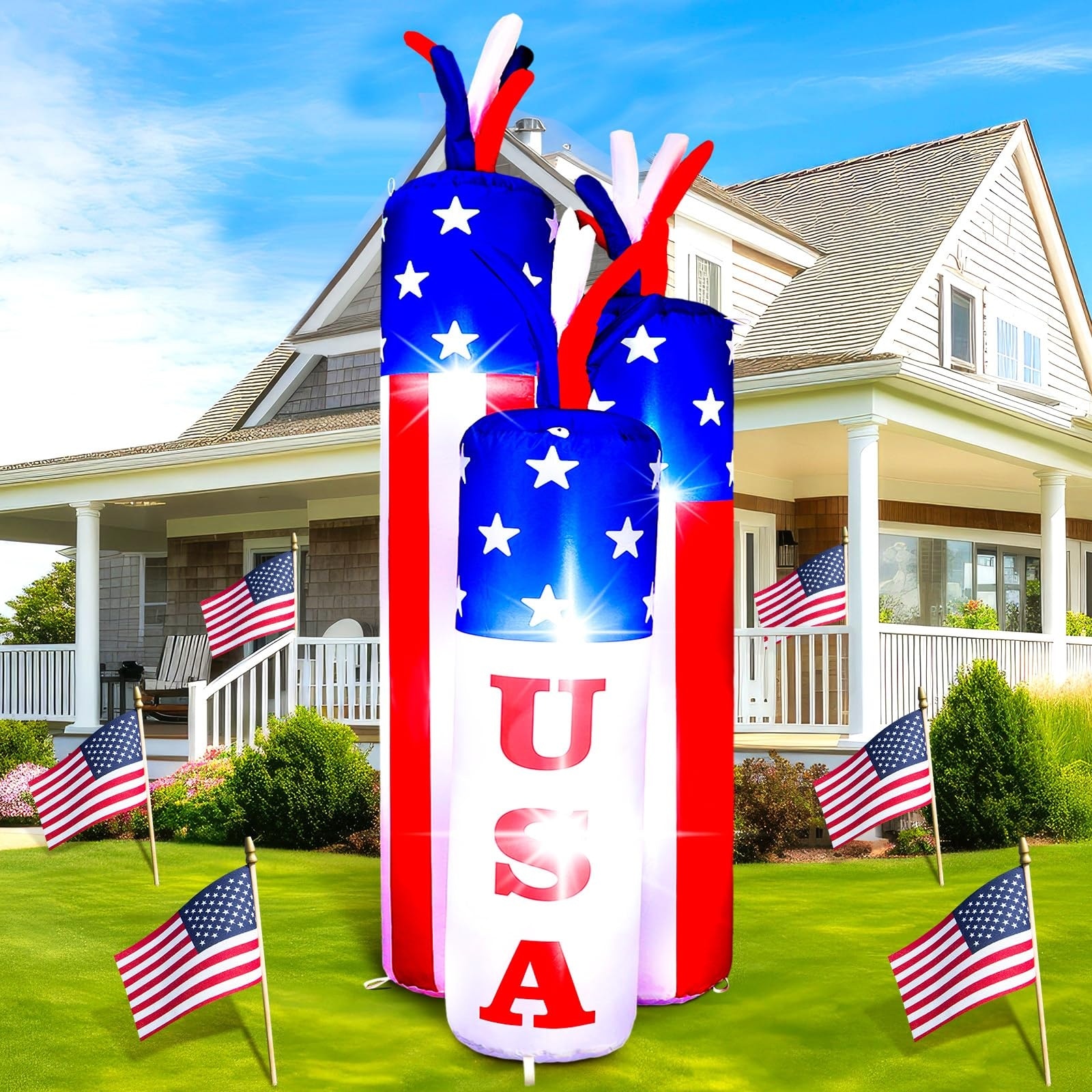 Afoxsos  4 ft Patriotic Firecracker Inflatable with LED Light 1 Piece Independence Day Outdoor Lawn Garden Party Decor Kit with Stakes and Ropes