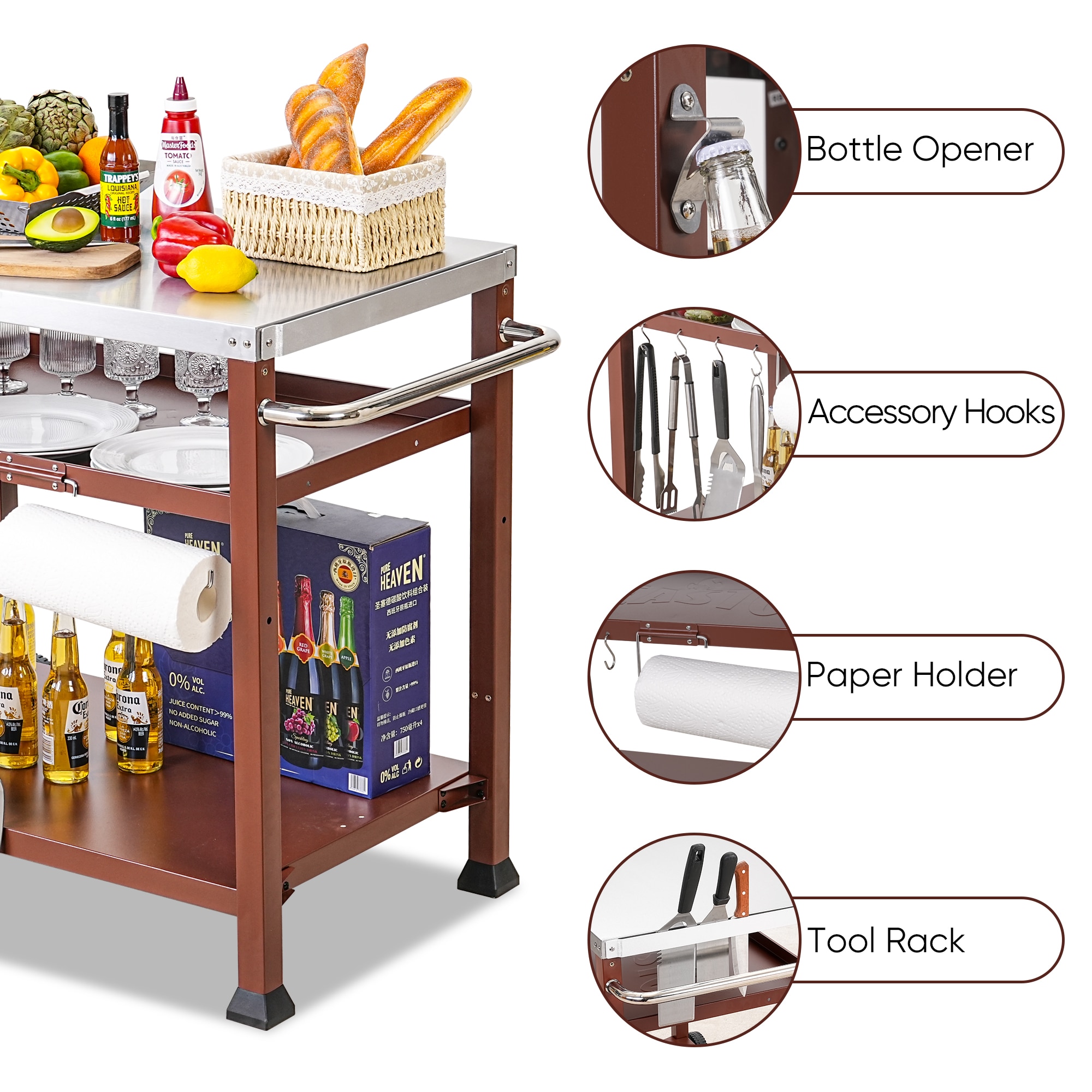 Three-Shelf Red and Stainless Steel Outdoor Grill Cart