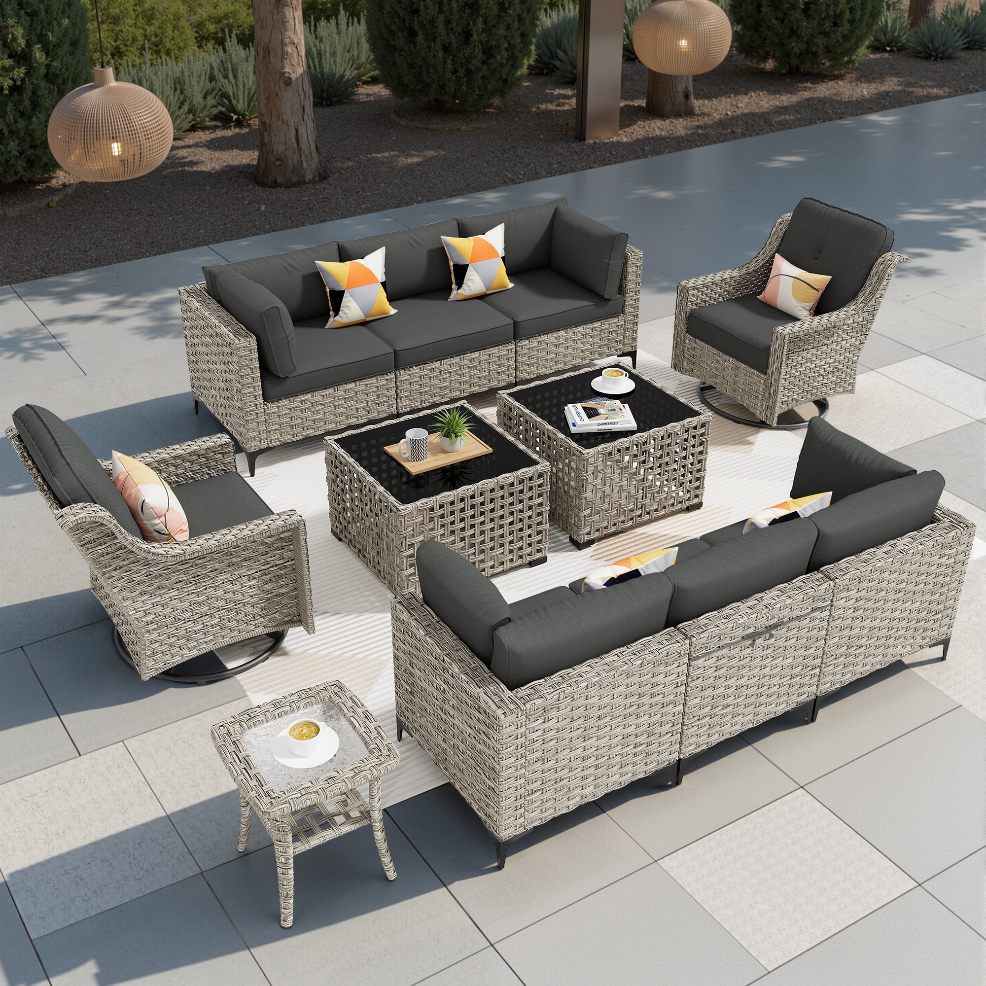 weaxty DSCRRSPAD1011 Lotus 11 -Piece Rattan Patio Conversation Set with Black Cushions