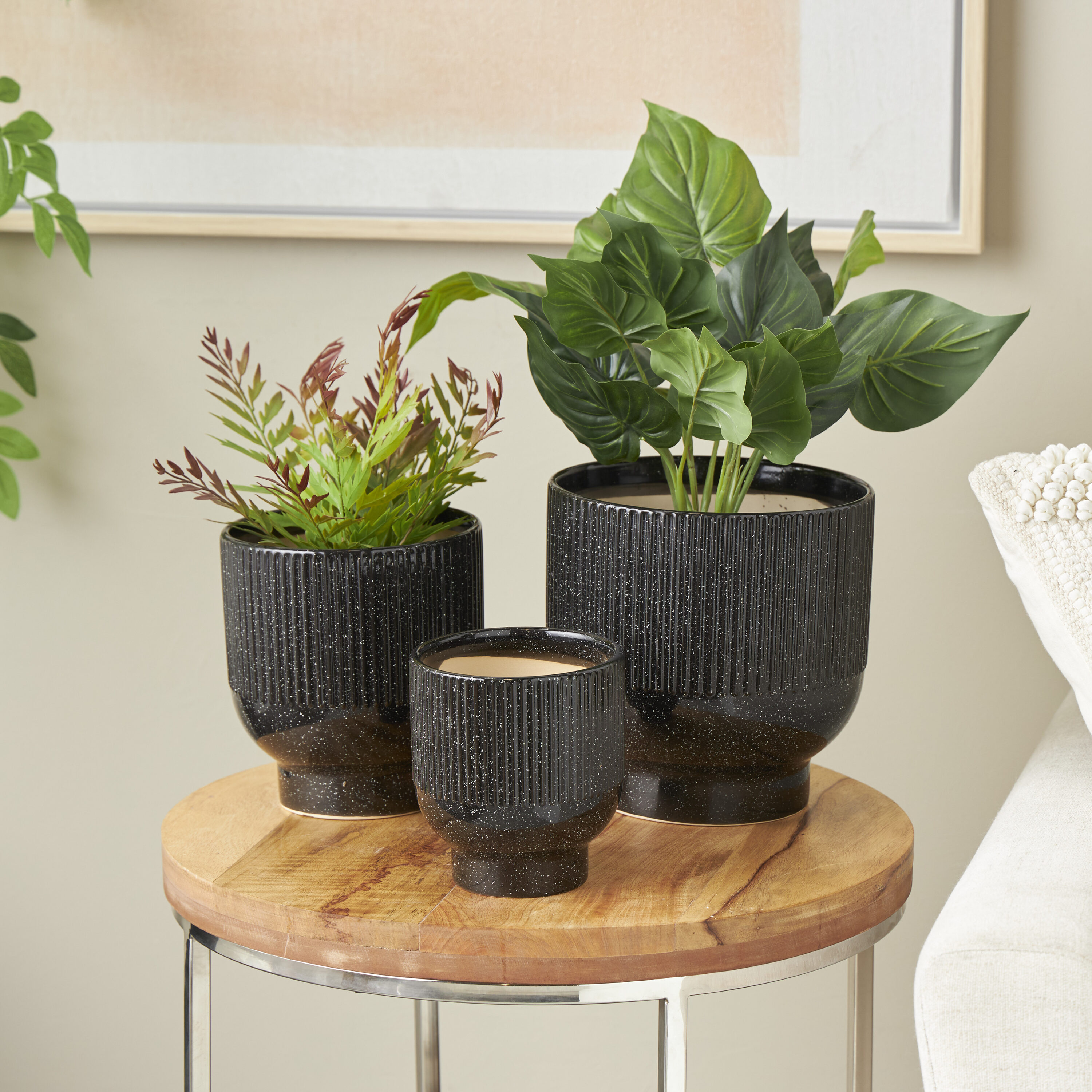 Grayson Lane 822386 3 -Pack Round 8.6-in W Medium Black Ceramic Contemporary/Modern Indoor/Outdoor Planter with Drainage Holes