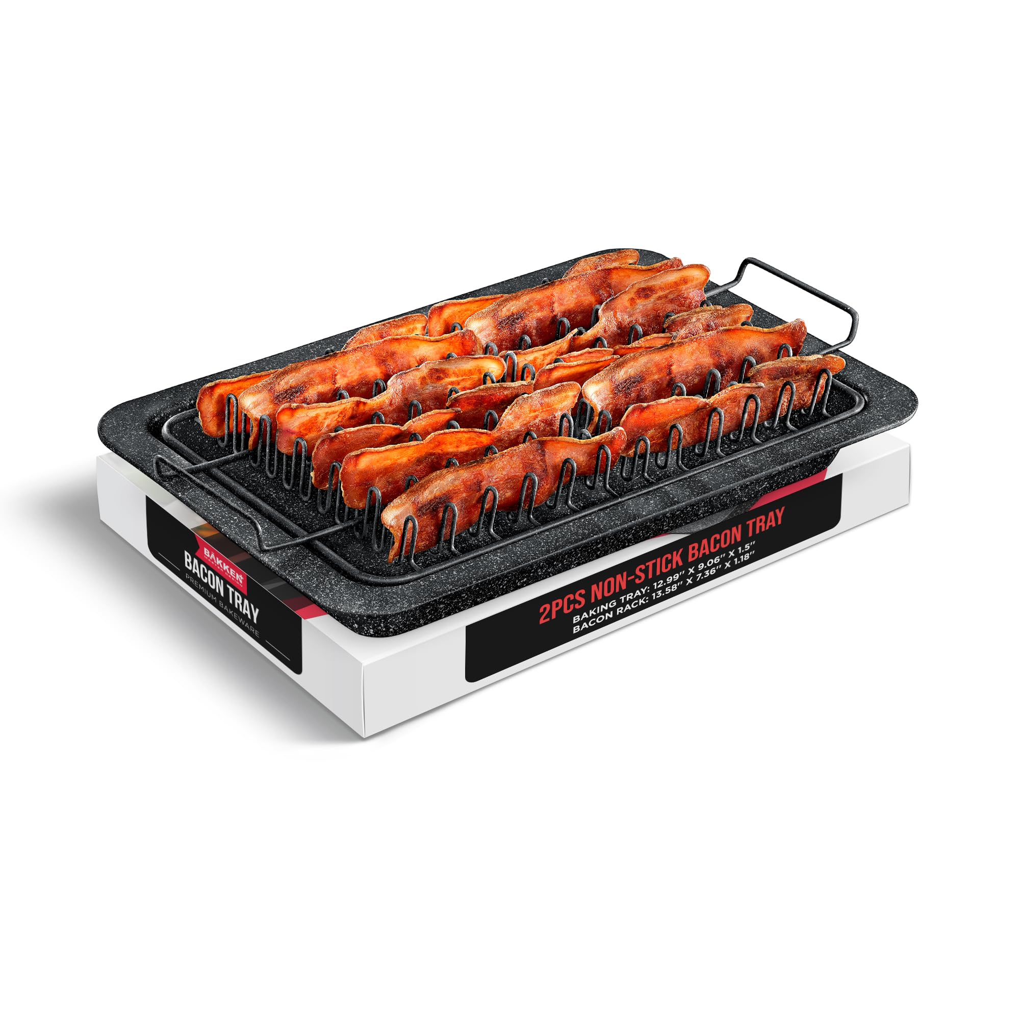 Bakken Swiss Bacon Tray 2 Piece Set Black Stone Nonstick Cooking Tray with Carbon Steel Rack Marble Coating Oven Safe Dishwasher Safe PFOA PFOS and PTFE Free #BKBACN44