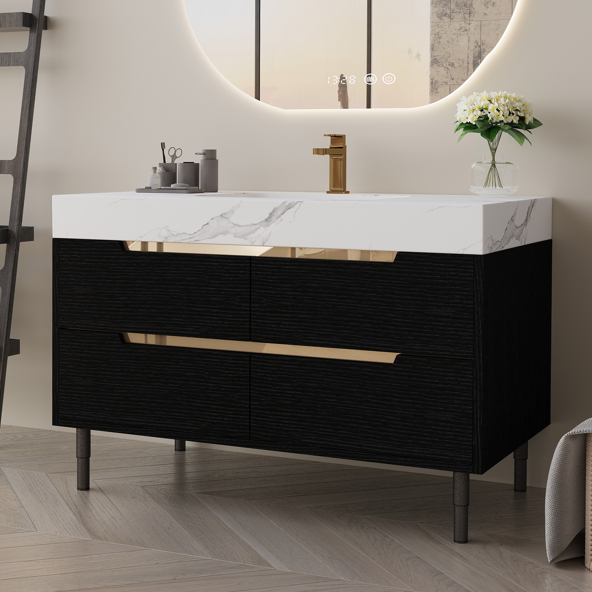 Wooakway 35 Inch Modern Bathroom Vanity with Undermount Sink Sintered Stone Top Waterproof Multi layer Solid Wood 4 Drawers Free Standing Wall Mounted