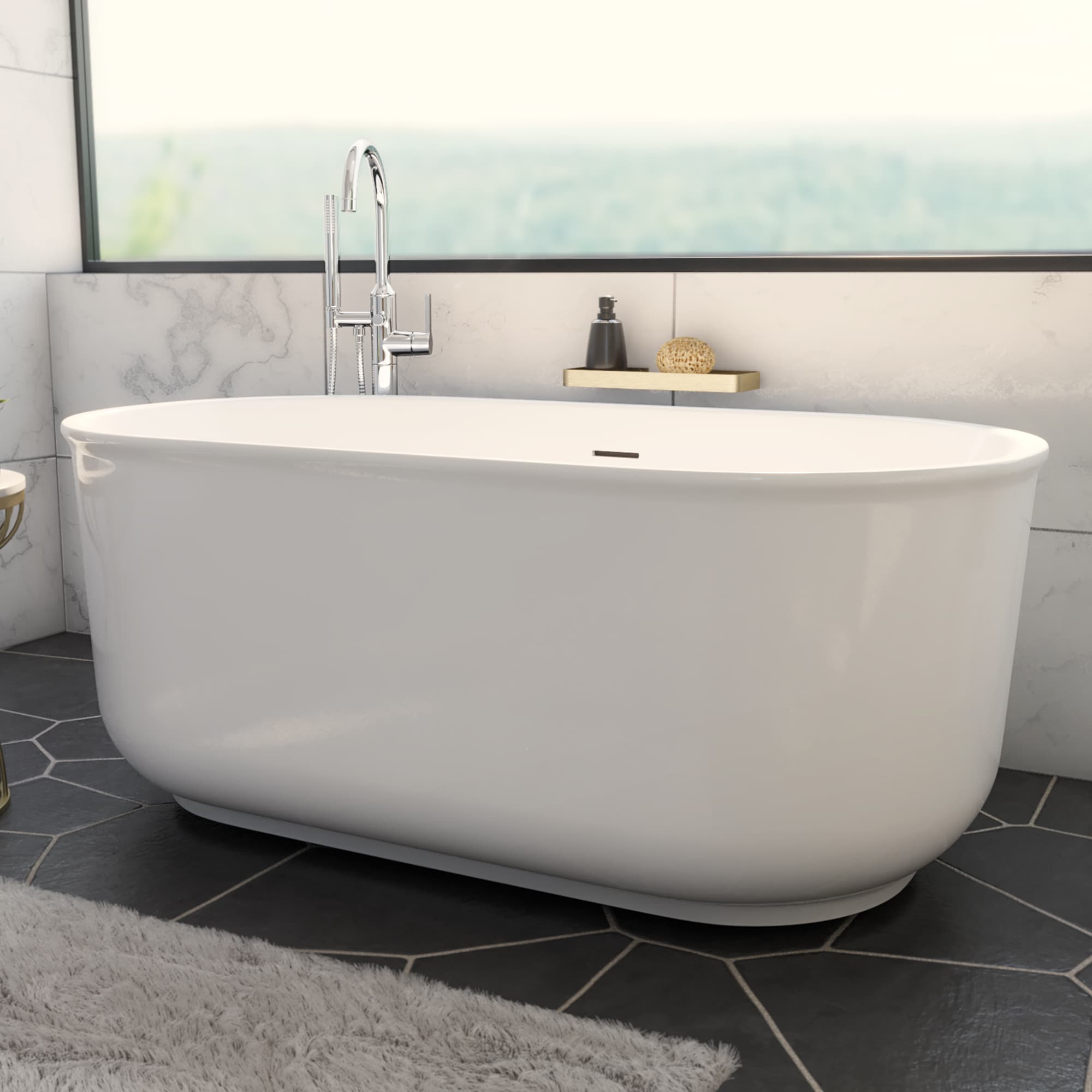 DreamLine - Alliance Pro 31.5-in x 67-in White Acrylic Oval Freestanding Soaking Bathtub with Dra...