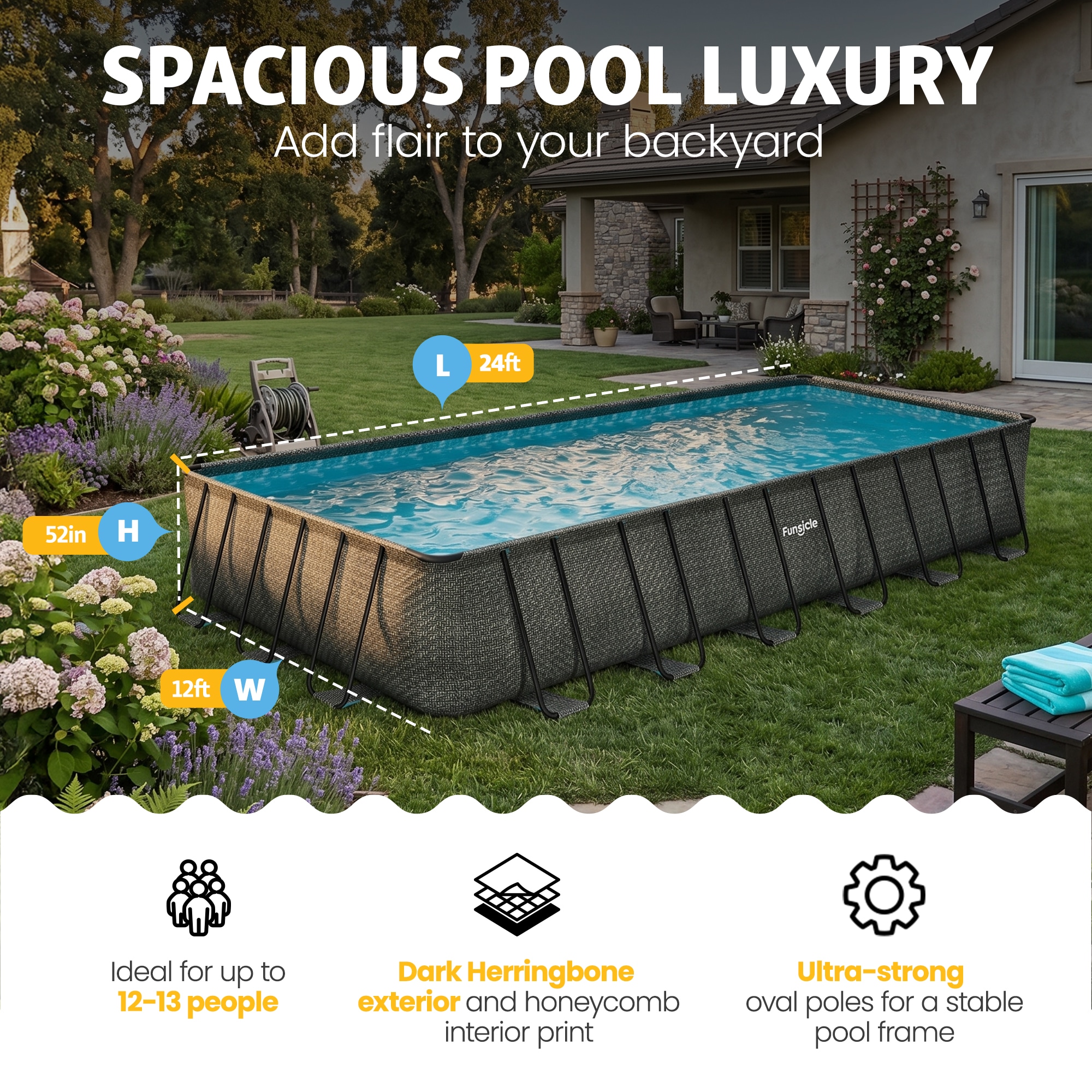 Funsicle 24ftx12ftx52 Inch Oasis Rectangle Outdoor Above Ground