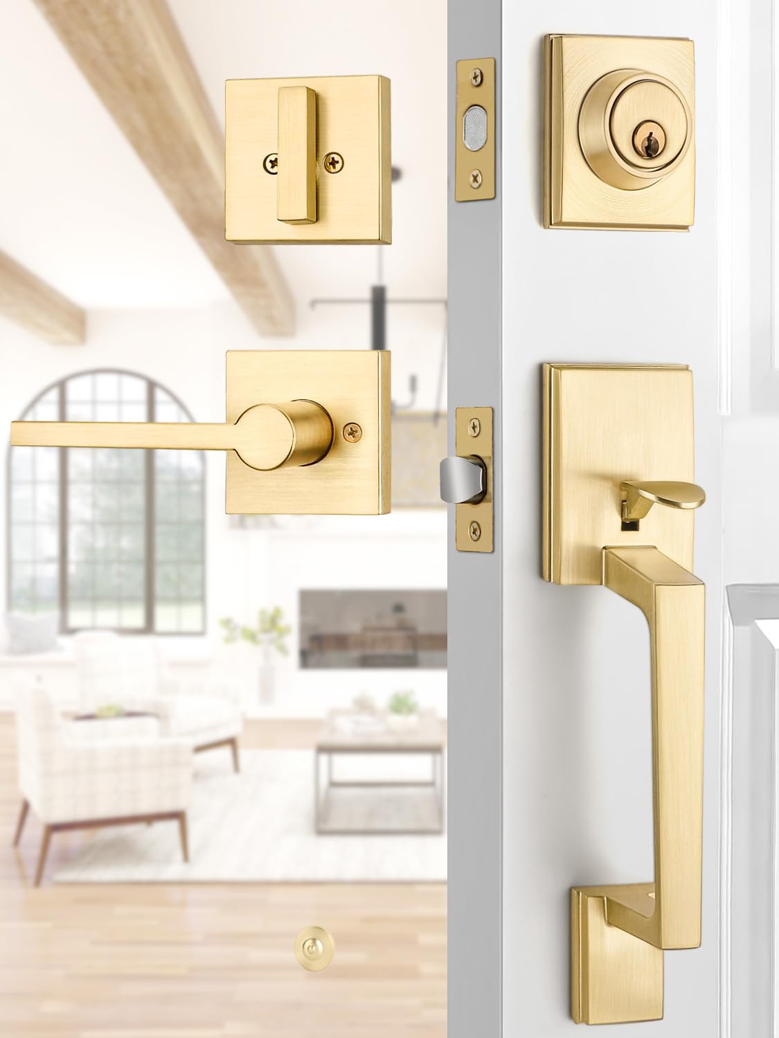 SenQWFa Gold Front Door Handle Set Brass Heavy Duty Square Door Lever and Single Cylinder Deadbolt Combo Reversible for Exterior Entrance Doors #LDC0819C022