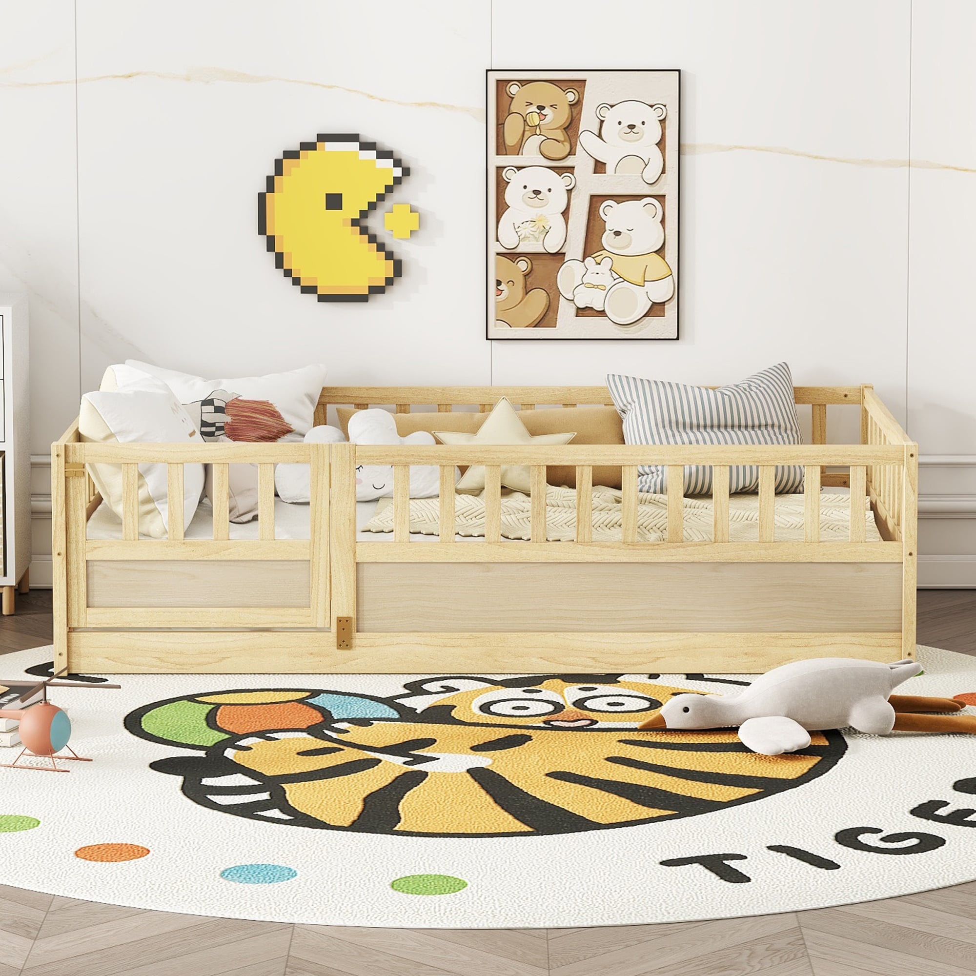 HyperDrop Cart Natural Wood Twin Size Montessori Wooden Kids Floor Bed/ Integral Construction/ Super High Security Barrier with Door/ Support Slat/ Patented Model
