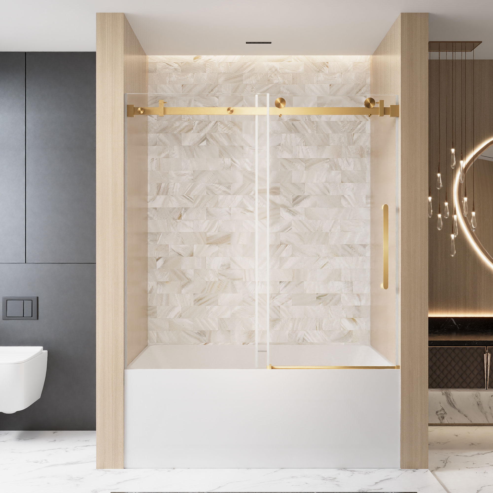 LUXEYARD Frameless Single sliding shower door  60  inch W x 60 inch H Clear Tempered Glass Brushed Gold