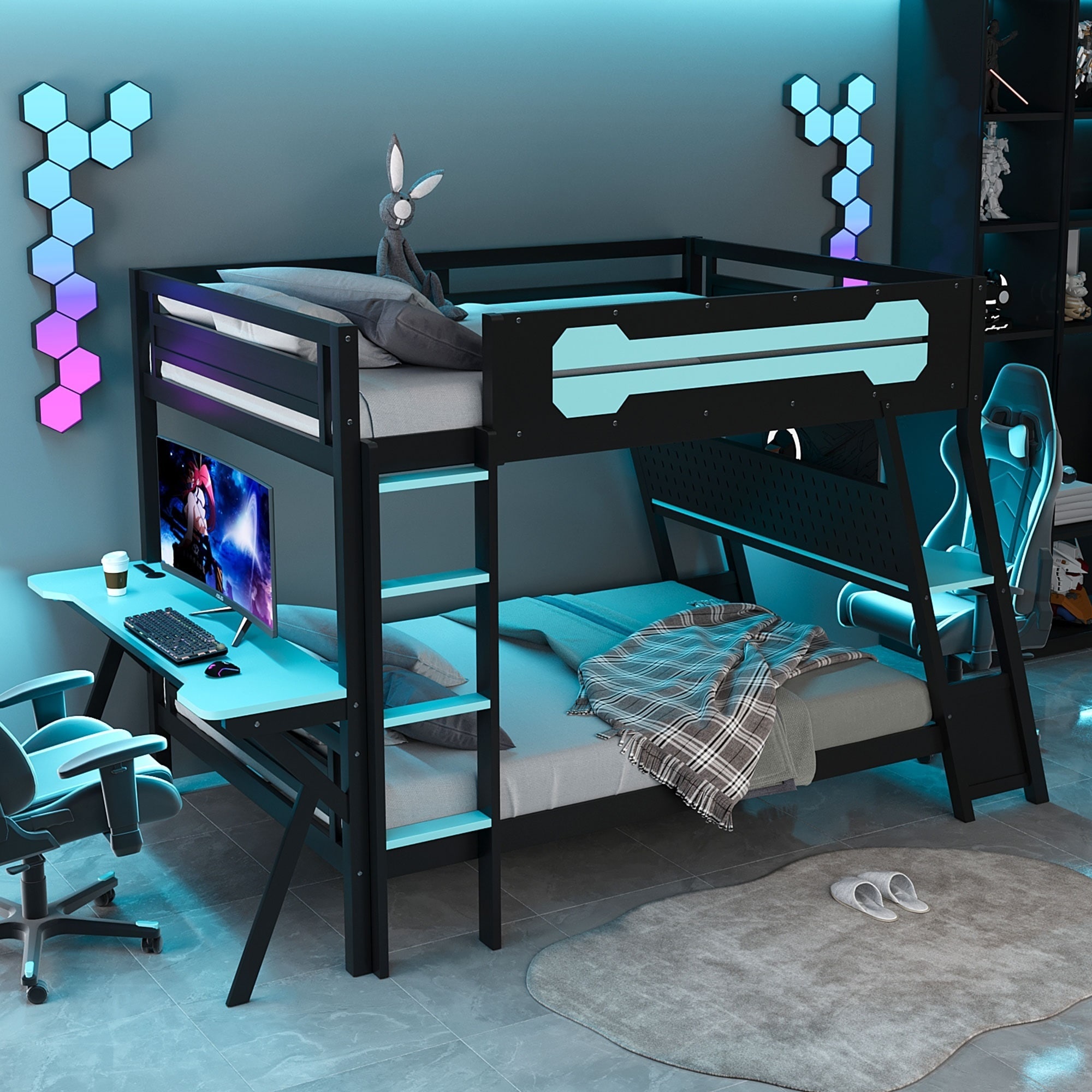 Horizons Prime 107 inch x 57 inch x 65 inch Cloud Blue MDF and Wood Full Size Bunk Bed with Two Built-In Gaming Desks USB Desktop Ports and Pegboard Organizer