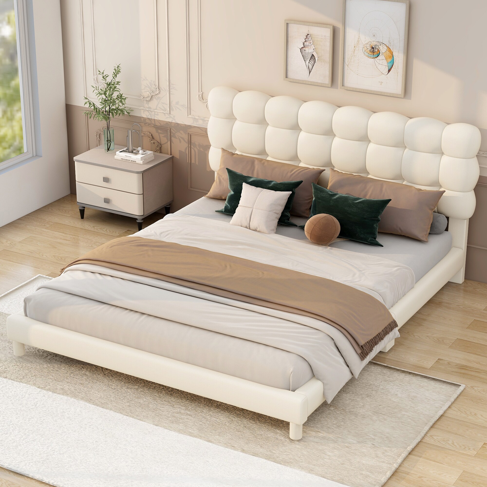 ModernLuxe L-DL002026AAK Full Beige Wood Platform Bed with Headboard