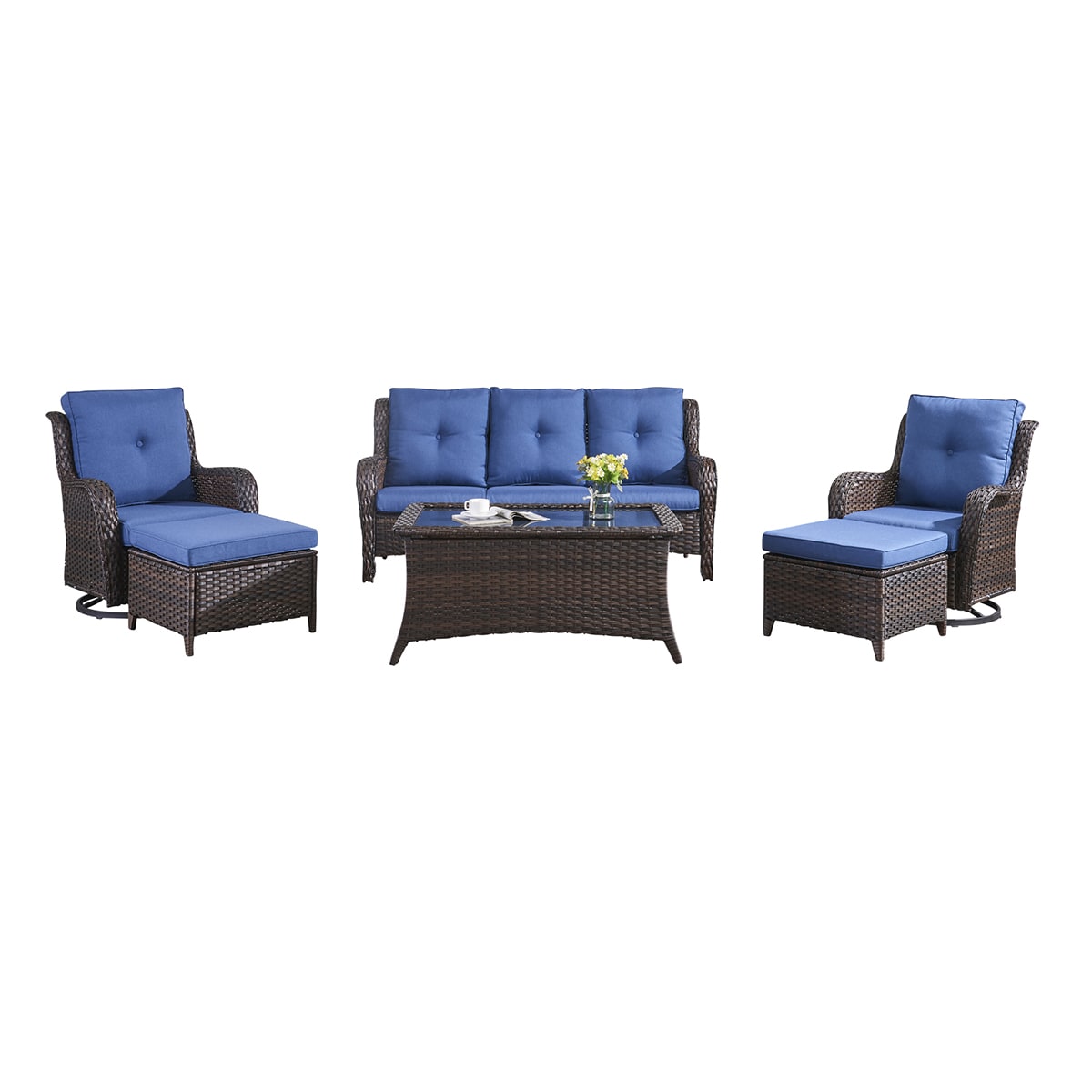 Rilyson FS013141823-1 6 -Piece Wicker Patio Sofa Conversation Set with Blue Cushions