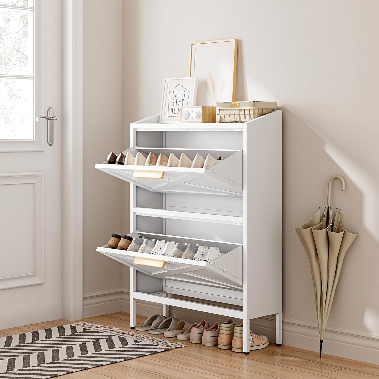 Letaya B0DYN4RZ4D Shoe Storage Cabinet with 2 Flip Drawers Narrow Metal Shoe Rack Organizer Cabinets for Entryway Hallway White