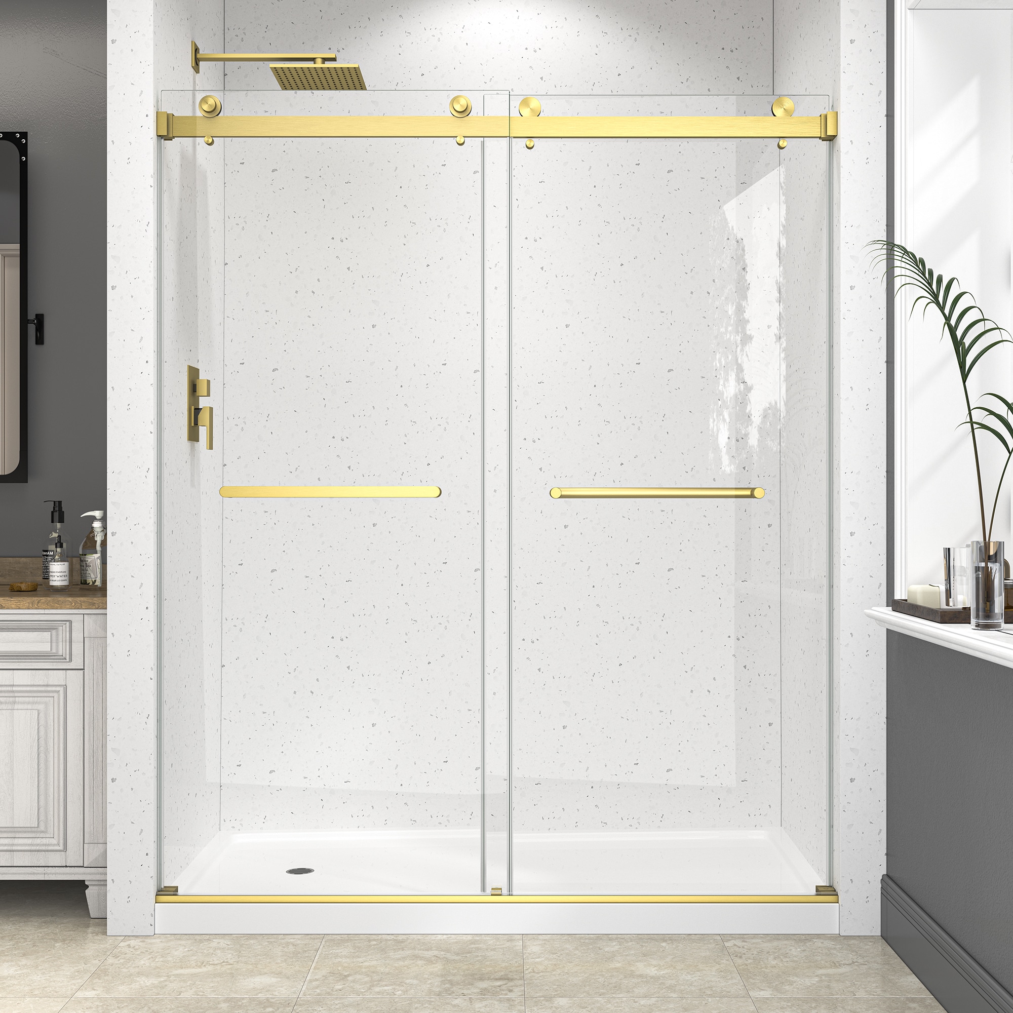 Forclover Shower Door Brushed Gold 60-in to 66-in W x 78-in H Frameless Clear Glass Neo Angle Bypass Sliding Shower door