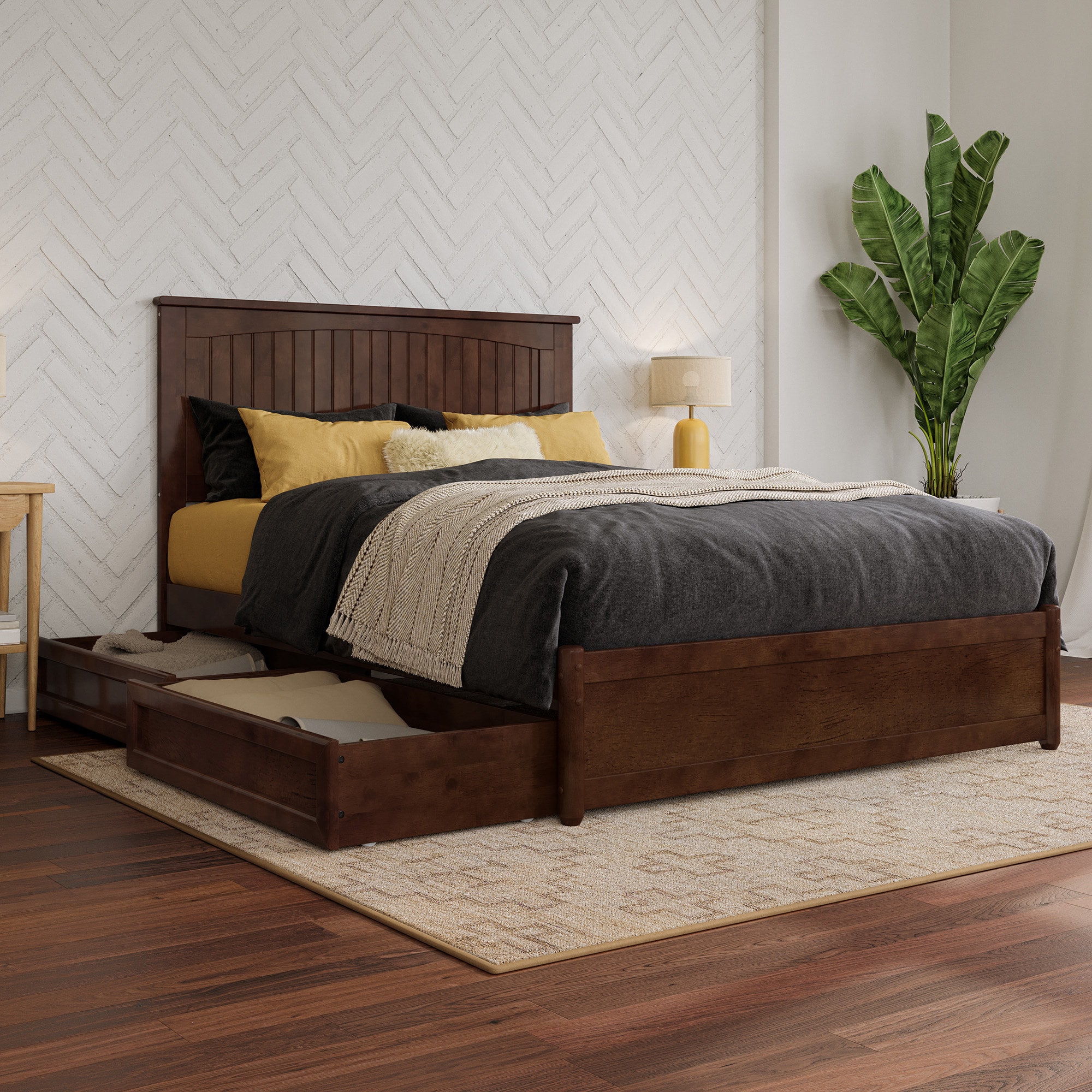 AFI AR8287134 Full Walnut Wood Platform Bed Storage with Headboard