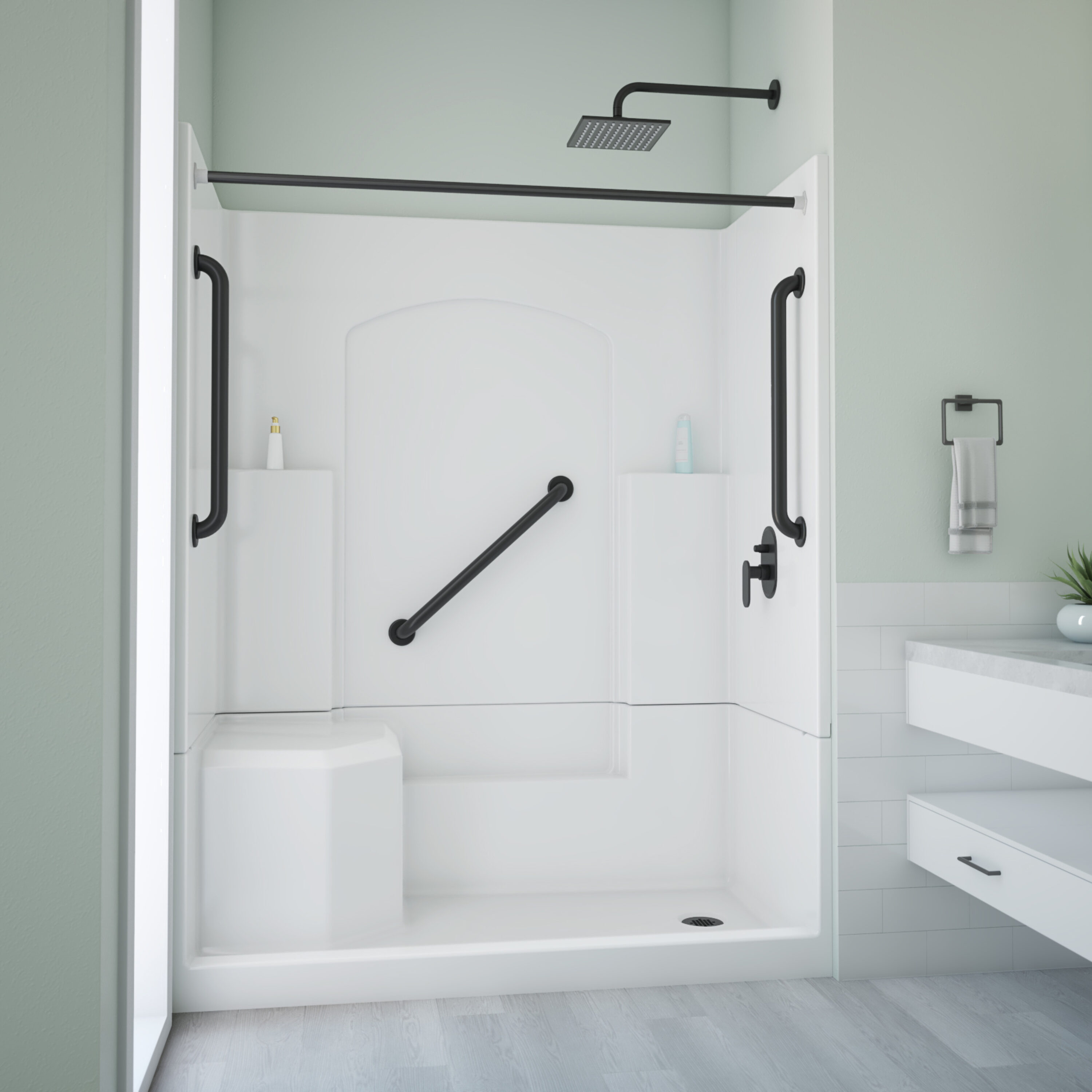 Laurel Mountain L3260SH1S4PLWM2 Ramer 4 -Piece 32-in W x 60-in L x 77-in H Alcove shower kit ( Right Drain) with Integrated Seat Base and Wall Included and Drain Included Black Hardware Included