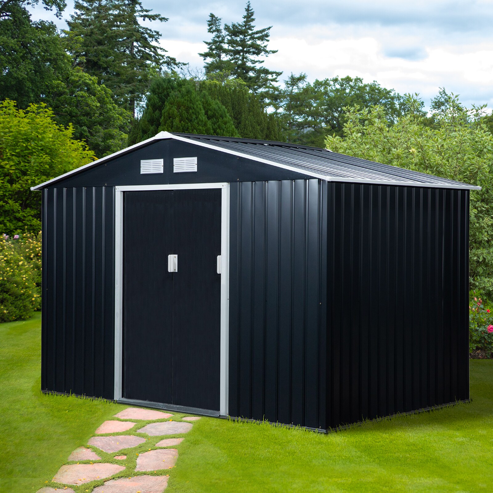 Outsunny 9' x 4' Metal Garden Storage Shed Tool House with Sliding Door Spacious Layout & Durable Construction for Backyard Patio Lawn Dark Grey 
