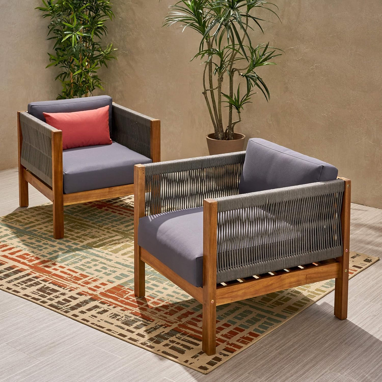 ModernLuxe L-65439.00GRY-2 LAUREL OUTDOOR CLUB CHAIR (Set of 2) Set of 2 Rattan Teak Wood Frame Stationary Conversation Chair with Gray Cushioned Seat
