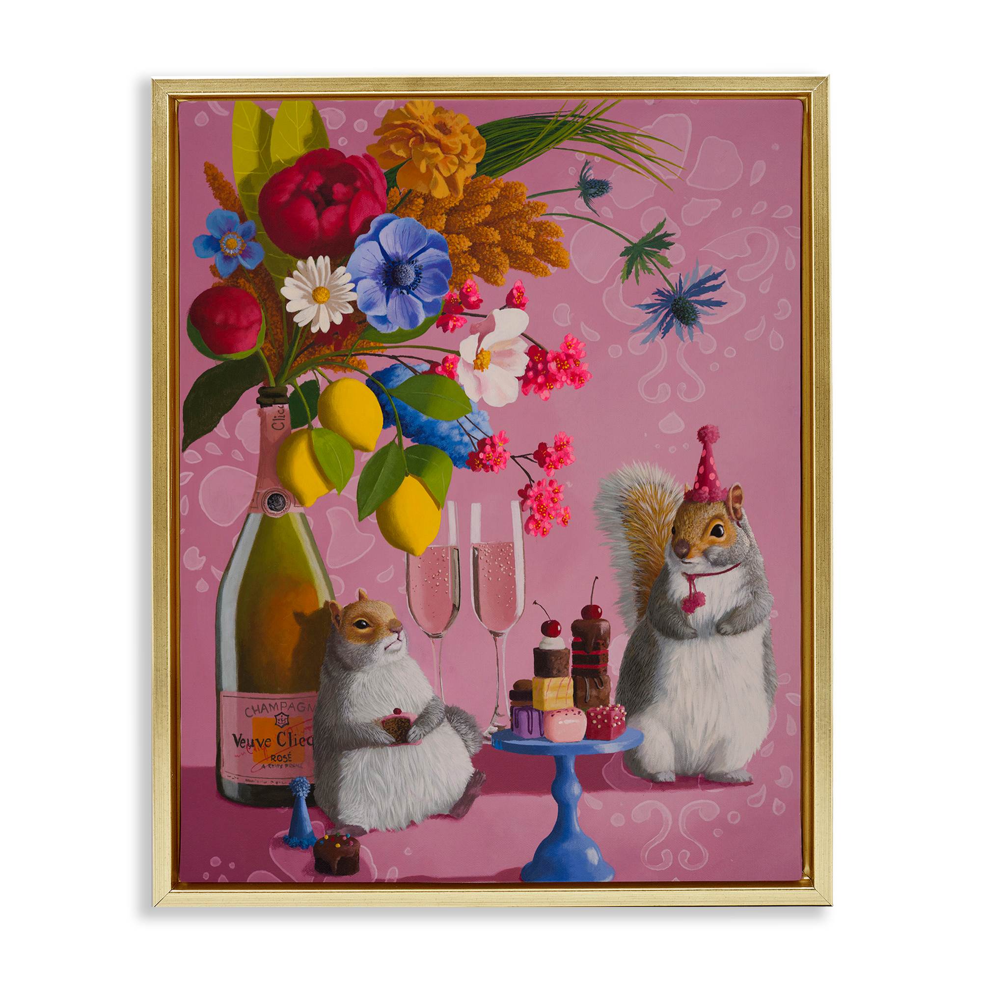 Stupell Industries BT-230-FFG-24X30 Party Hat Squirrels and Bouquet Gold Framed Floater Canvas Wall Art By Heather Gauthier 25 x 31