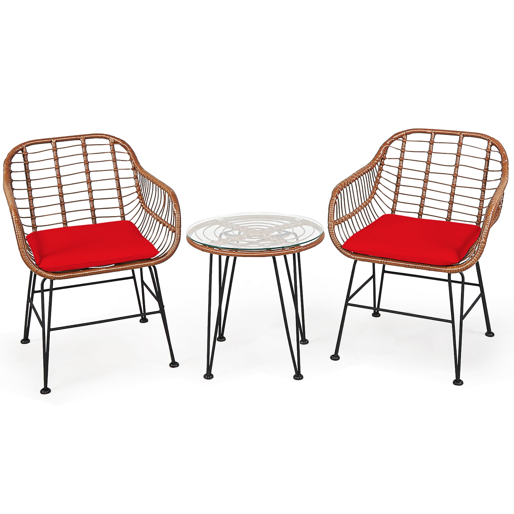 Costway OP70837RE 3 -Piece Rattan Patio Conversation Set with Red Cushions