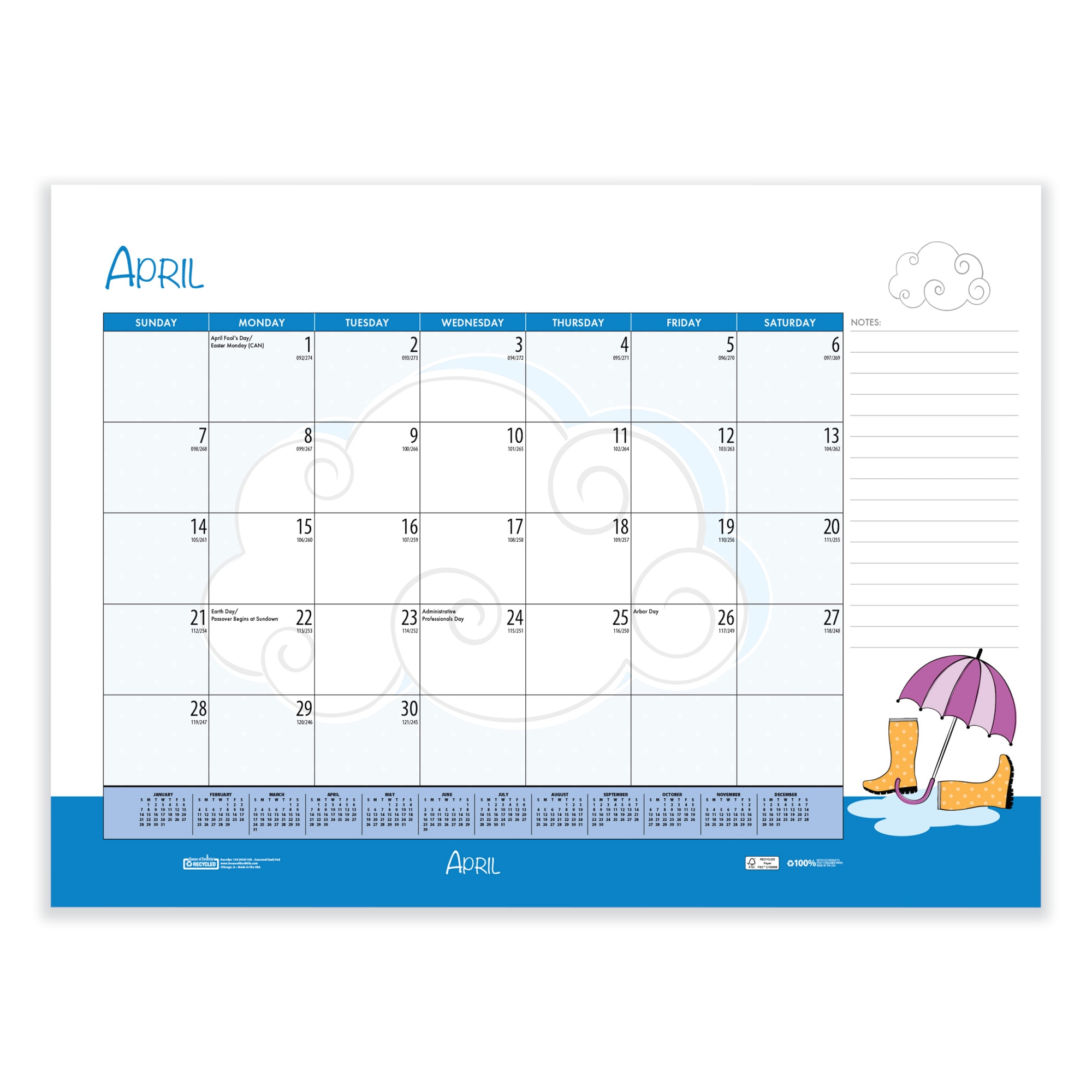 Recycled Desk Pad Calendar, Illustrated Seasons Artwork, 22 x 17, Black Binding/Corners,12-Month (Jan to Dec): 2024