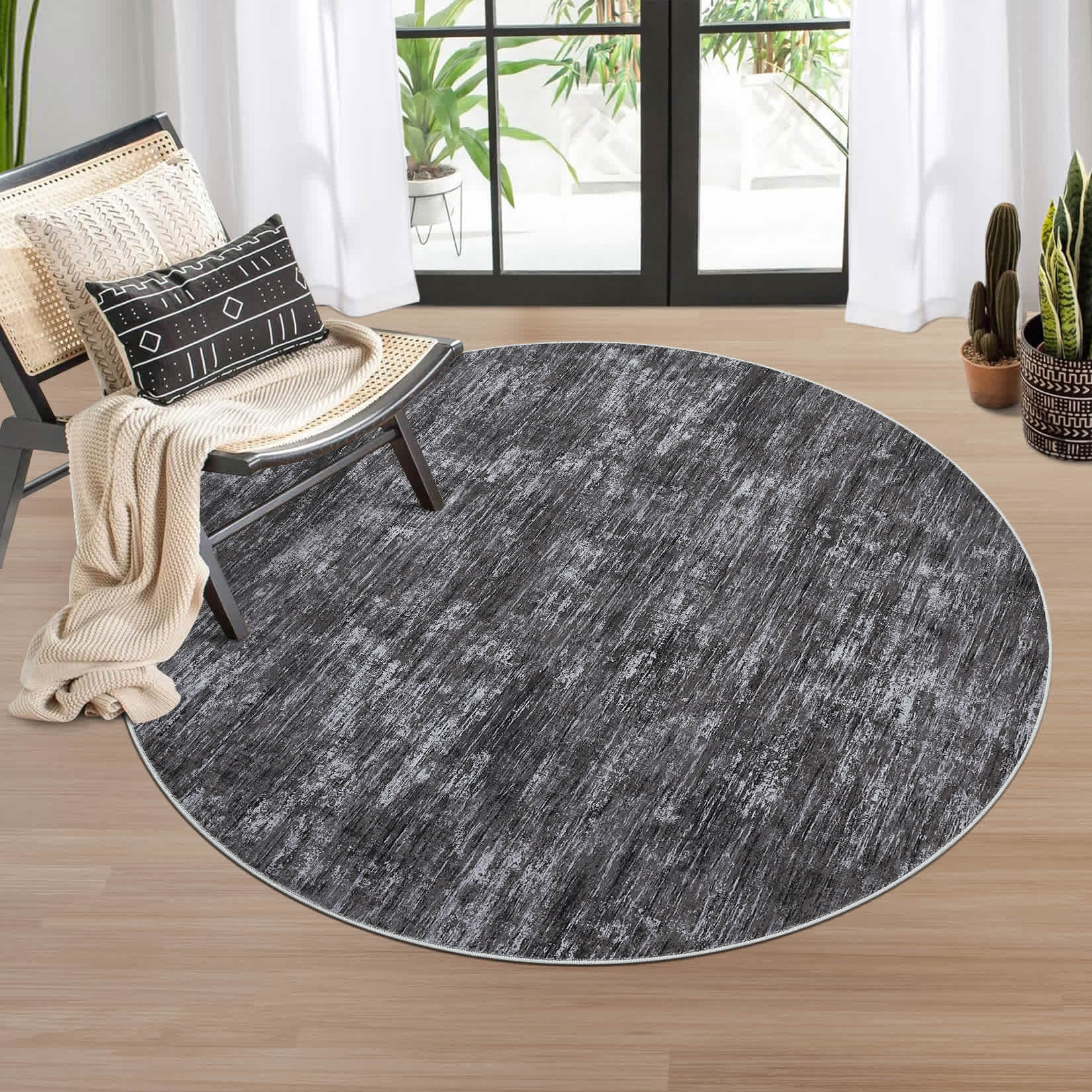 Qeetex SUNNY-PHO-16OW25YK 3 x 3 ft Polyester Dark Grey RoundLiving Room Bedroom Dining Room Solid Modern Machine Washable Area Rug