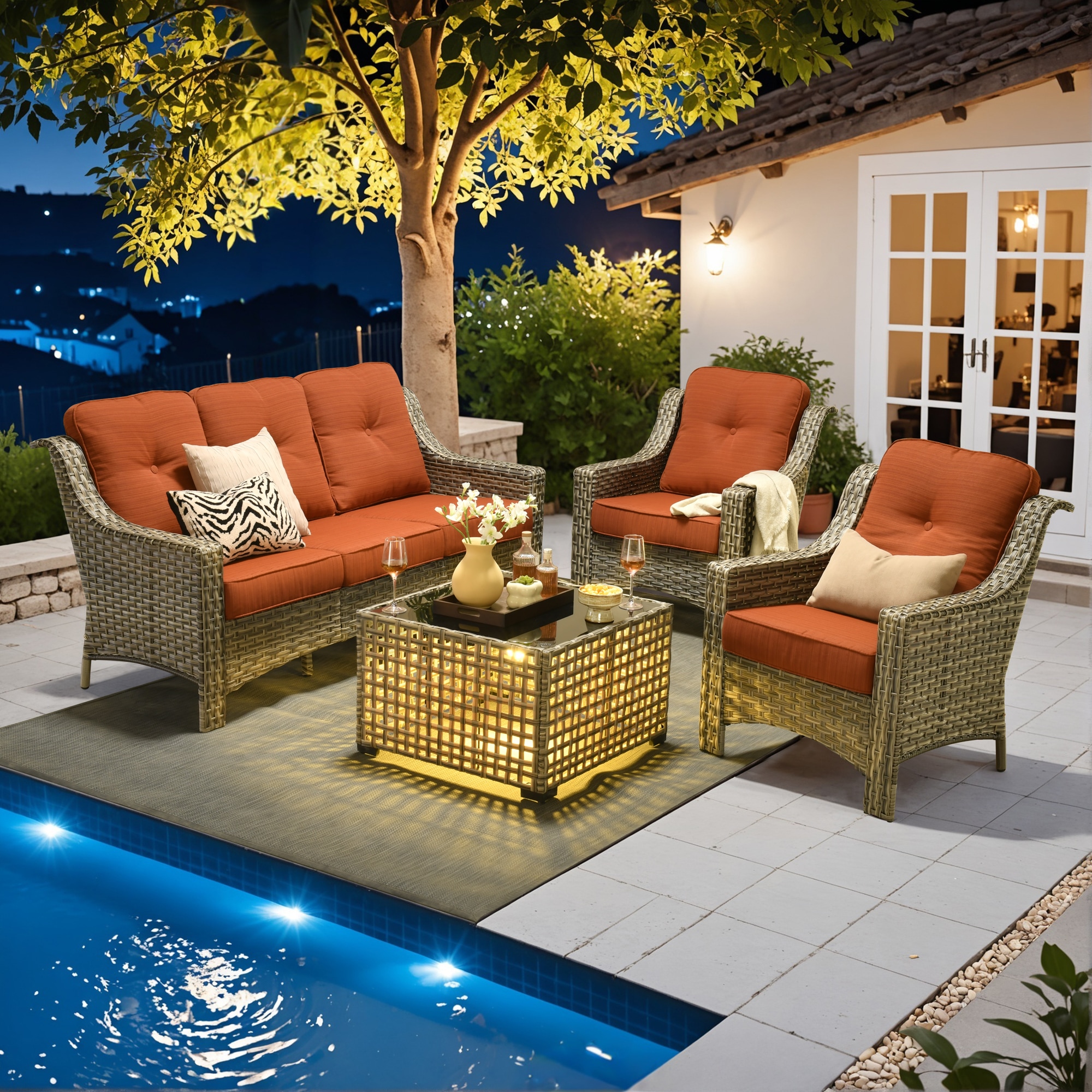 Ovios PD804 4 -Piece Rattan Patio Sofa Conversation Set with Orange Cushions