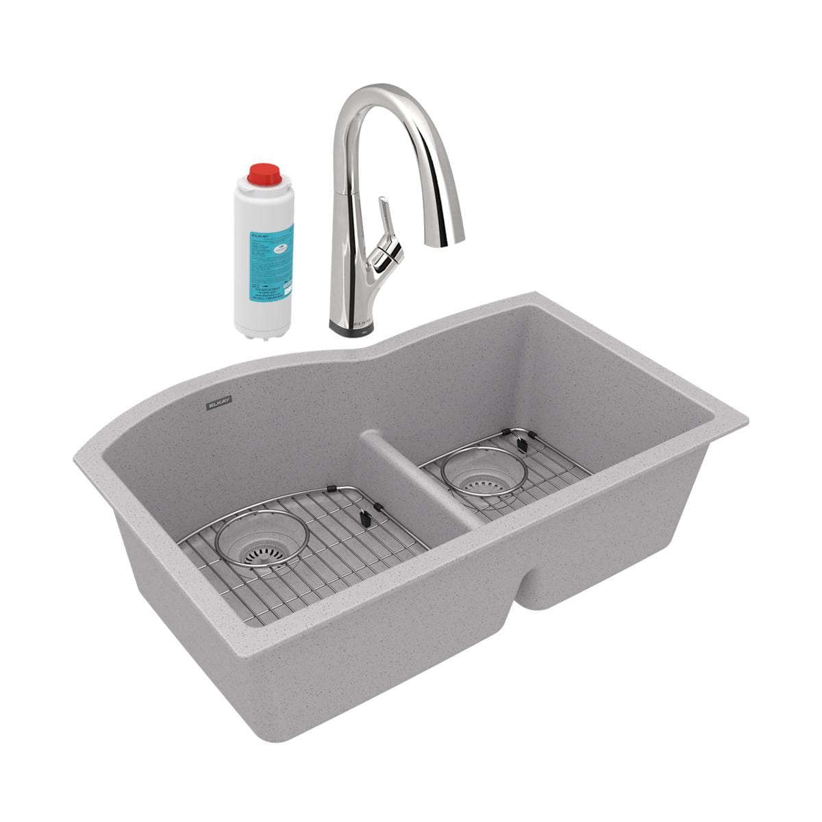 Elkay ELGHU3322RGSFLC Undermount 33-Inches x 22-Inches Quartz Double offset bowl Kitchen Sink All-in-One Kit