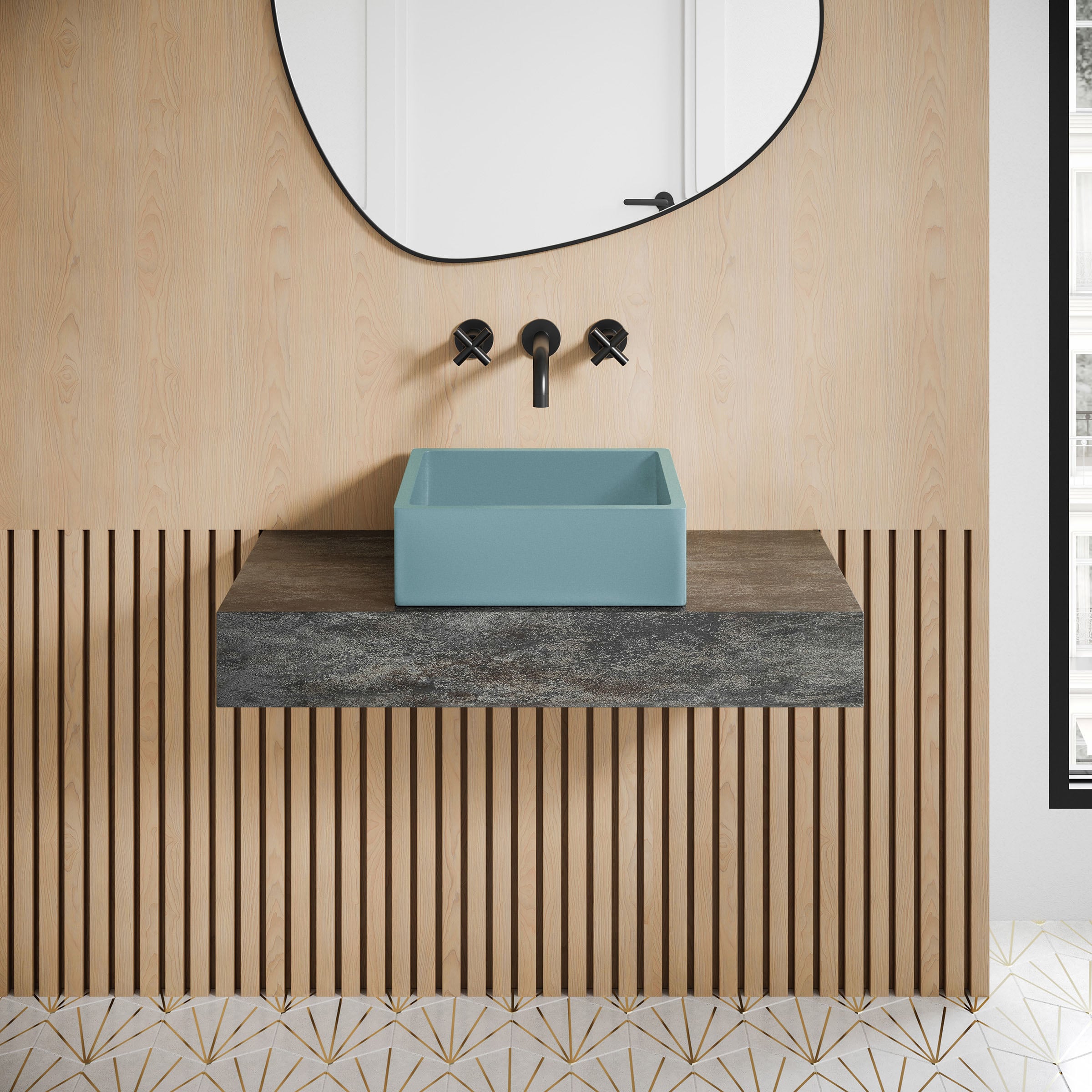 Swiss Madison Concrete 15.5-in Vessel Square Modern Matte Powder Blue Bathroom Sink