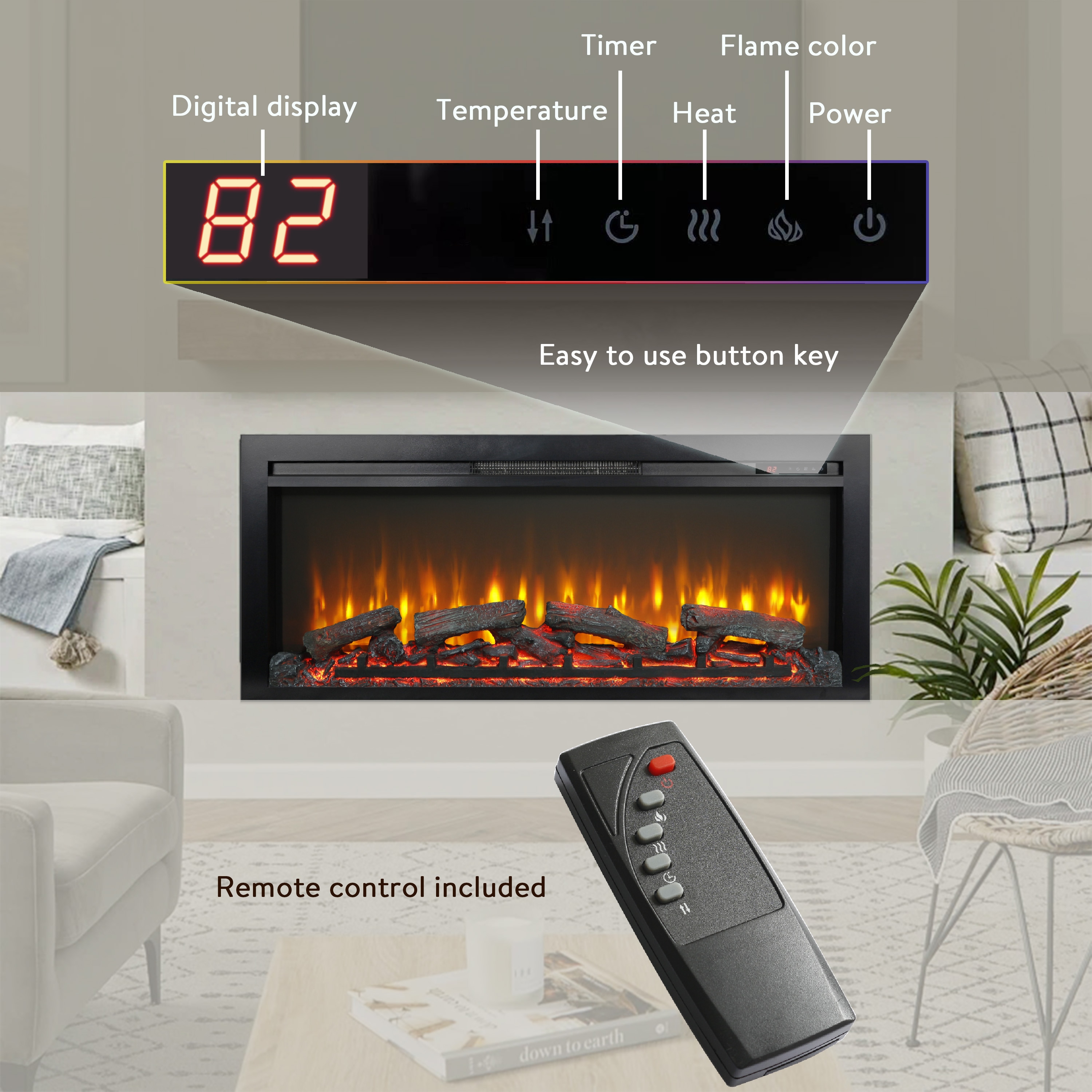 Clihome 44-in W Black LED Wall-mount Electric Fireplace with Remote ...