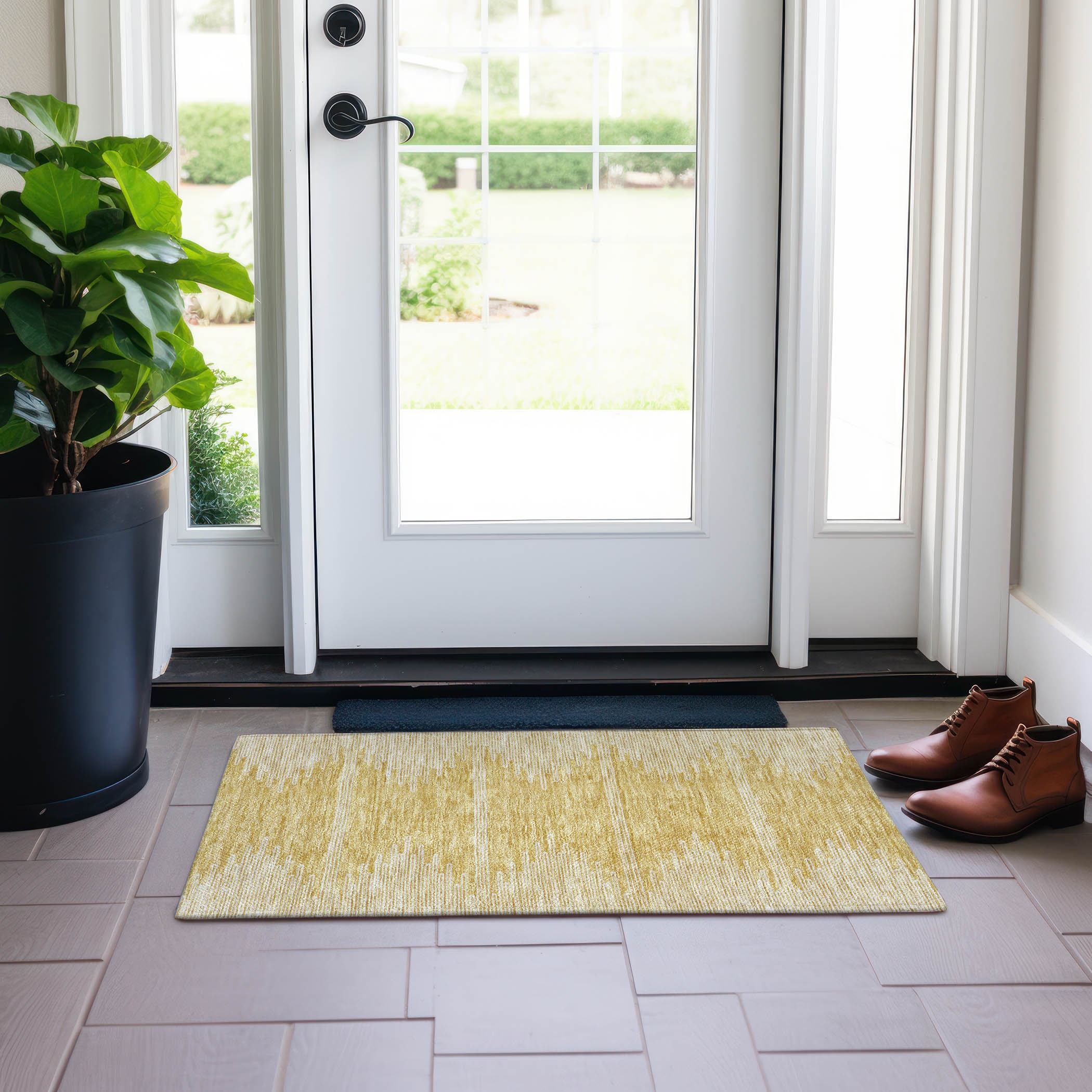 Gold and Beige Rectangular Machine-Washable Synthetic Rug