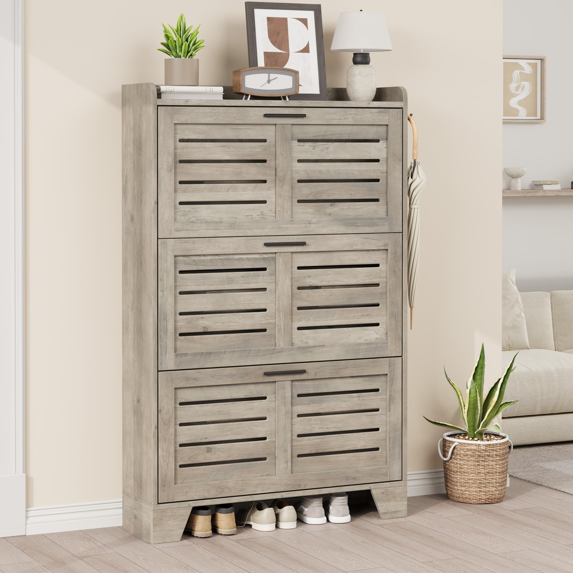 GarveeLife Slim Shoe Cabinet with 3 Flip Drawers Side Hooks Louvered Doors Adjustable Shelves Entryway Shoe Storage Organizer for Hallway