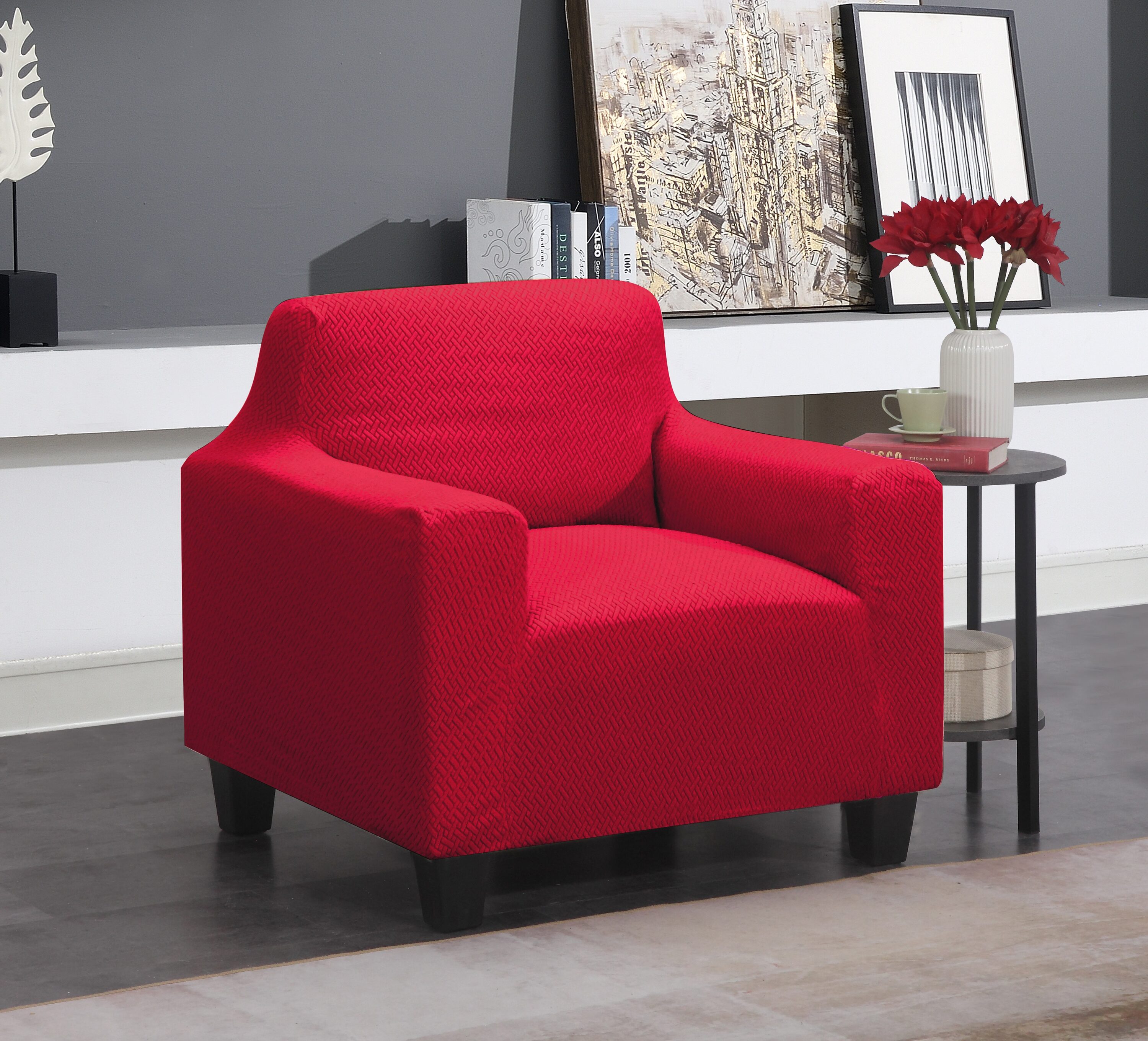 J&V TEXTILES STRETCH-CHAIR BURG Red Microsuede Chair Slipcover 82-in W x 40-in H x 76-in D