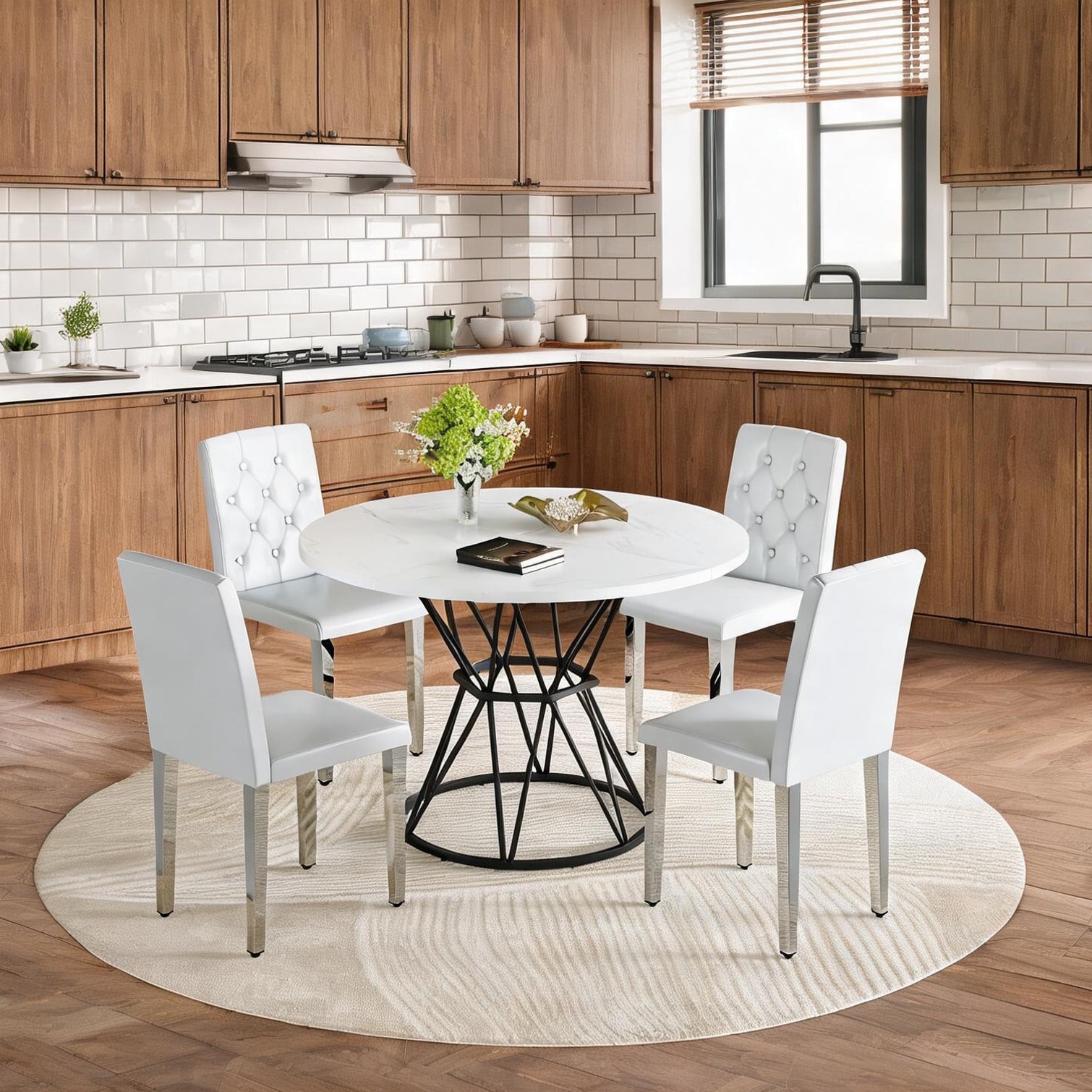 FlowLuxe White Marble-Look Round Dining Set with 4 PU Chairs and Deep ...