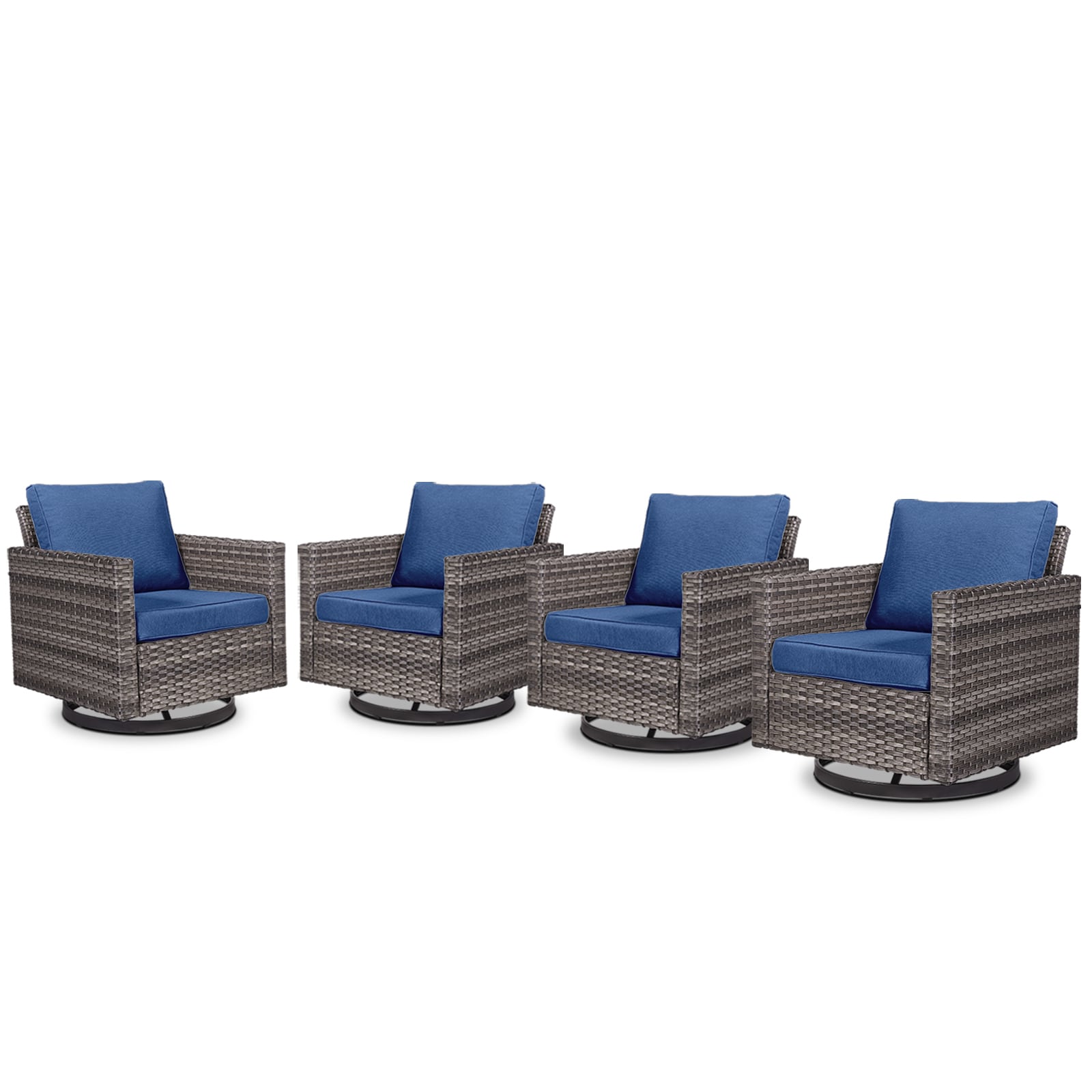 Rilyson FS069-1X2 U-Feet Set of 4 Wicker Gray Wicker Frame Swivel glider Conversation Chair with Blue Blue Cushioned Seat