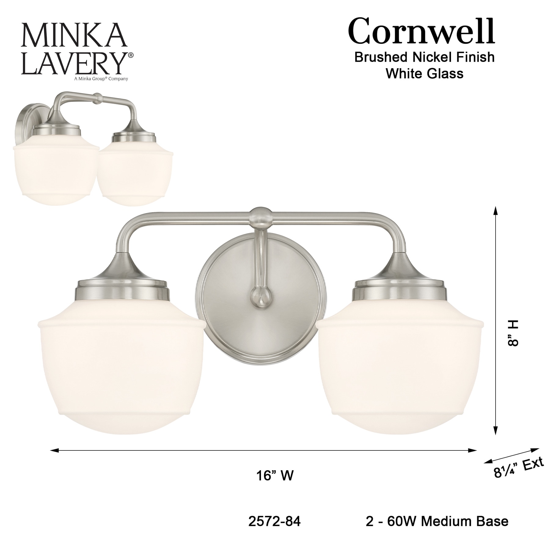 Cornwell Brushed Nickel and Opal Glass 2-Light Bath Vanity