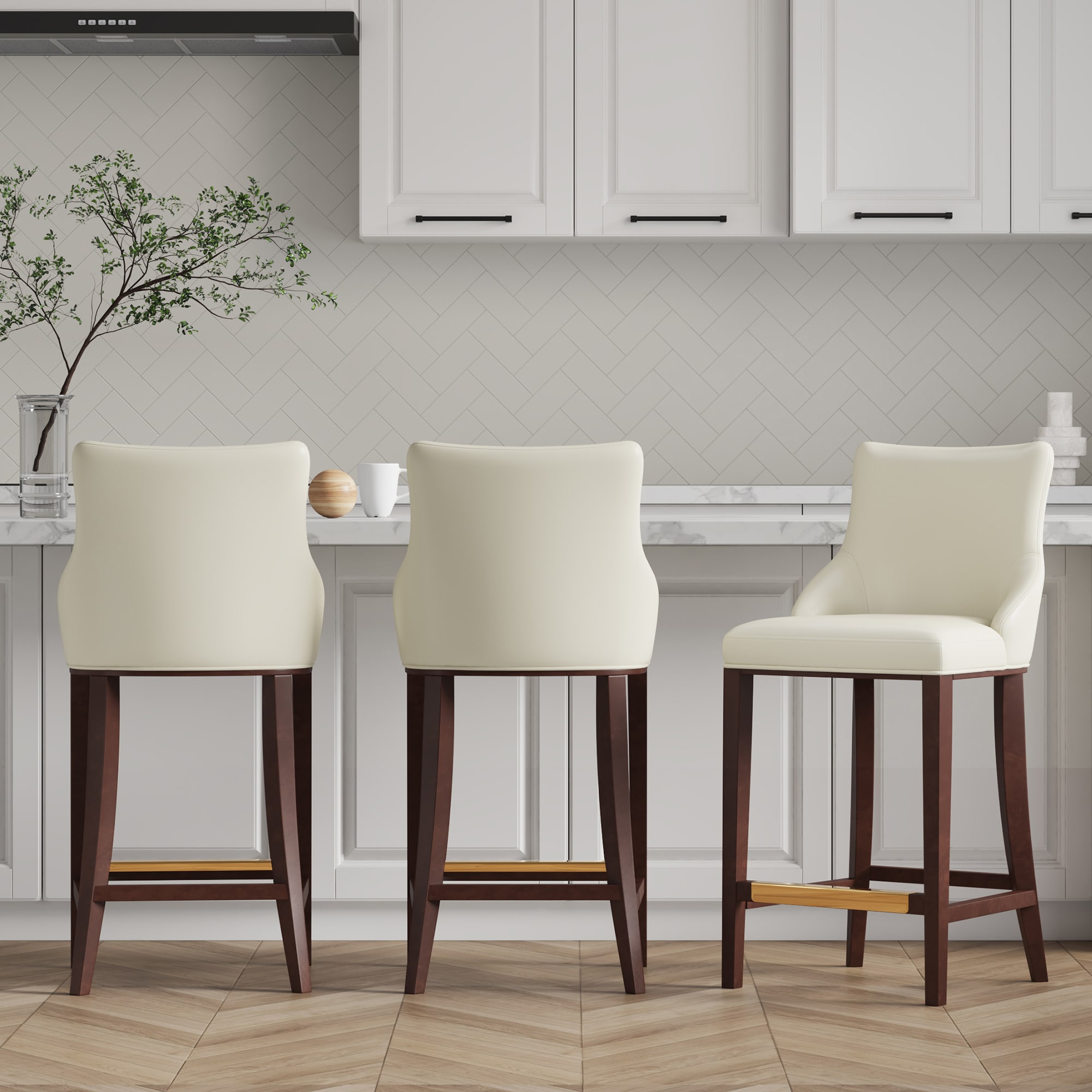 Manhattan Comfort 3-BS019-IV Set of 3 Ivory 29.13-in H Bar height (28-in to 33-in) Square Seat Upholstered Wood Back Bar Stool Back