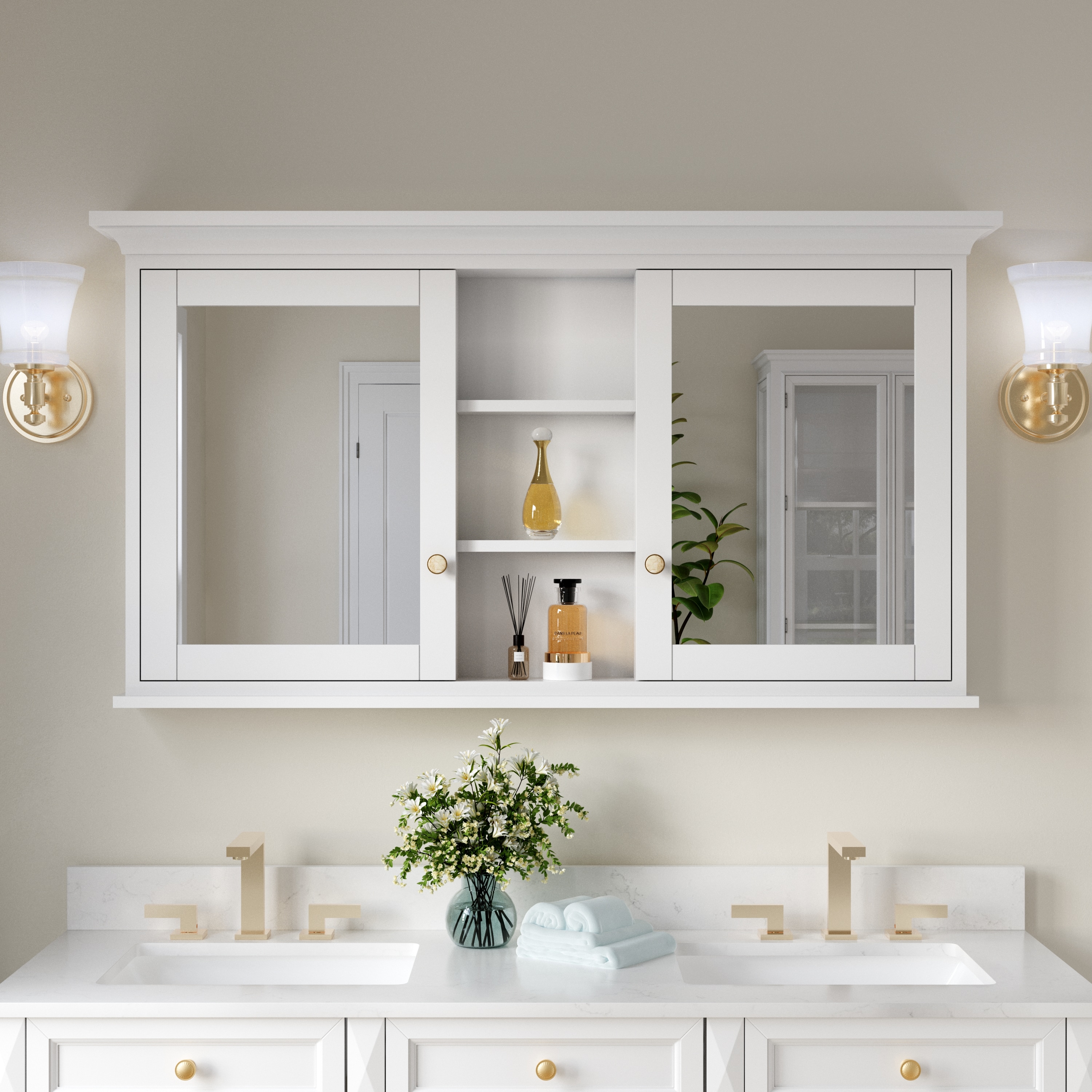 WELLFOR UCS-5530MC-WT 55-in x 30-in x 6.8-in White Soft Close Bathroom Wall Cabinet